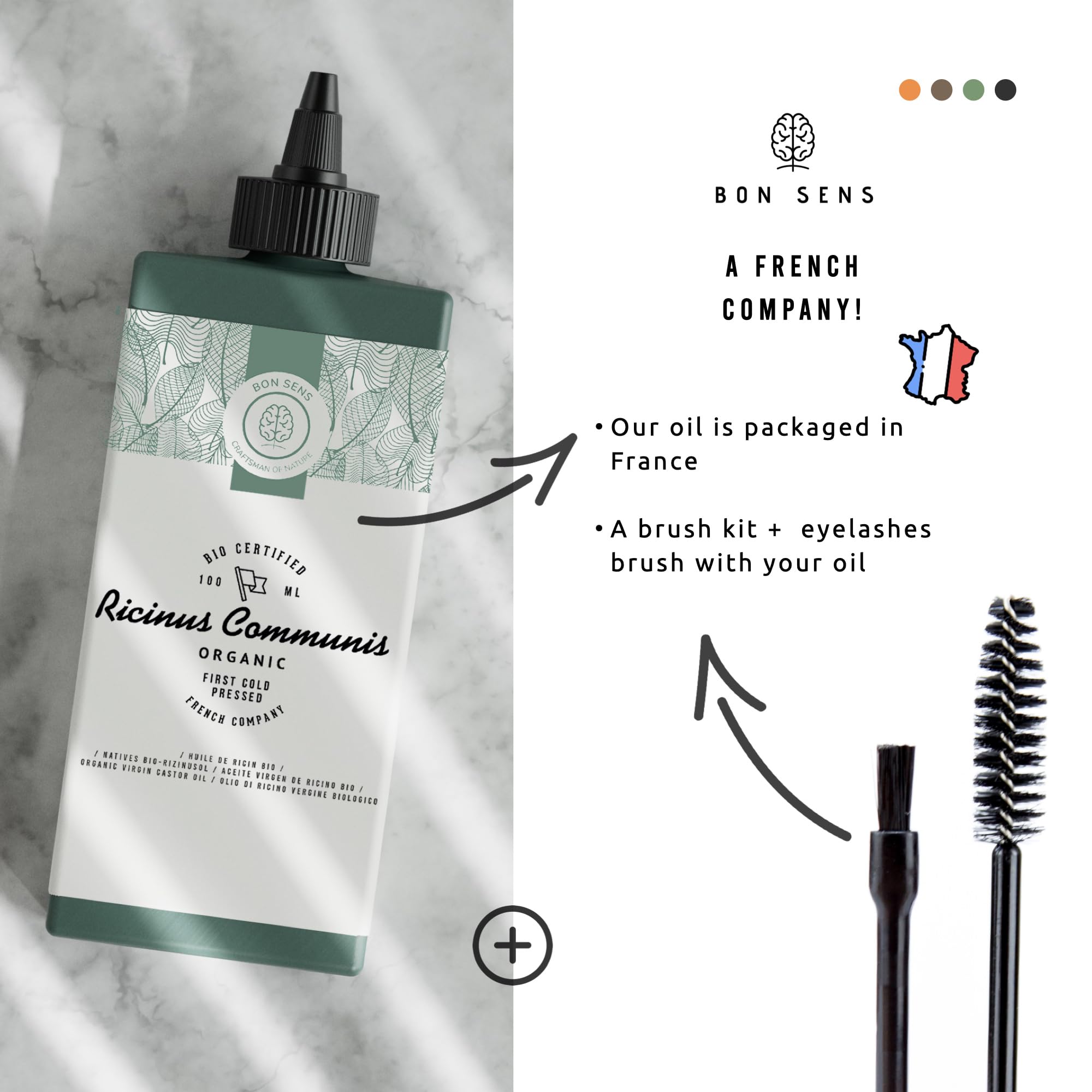 100ml Olio di Ricino Biologico + Set di Pennello e Spazzola + Tappo Dosatore - 100% Puro, Naturale, Pressato a Freddo - Olio di Ricino per Capelli, Ciglia, Sopracciglia, Barba - Castor Oil