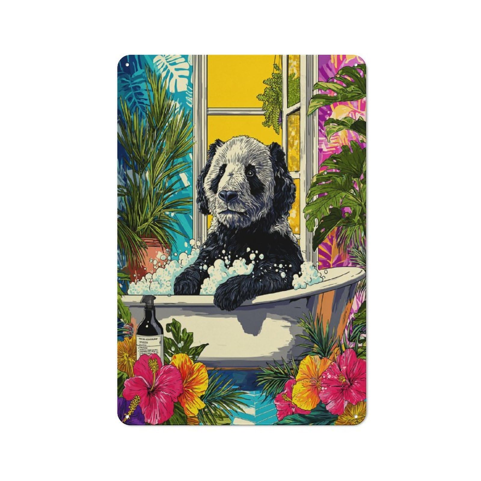 Junmoney Panda Bathing In Tropical Paradise Old Style Metal Wall Decor 30X20cm, Decorative Tin Plaque For Cafe, Pub, Workshop Or Home Bar