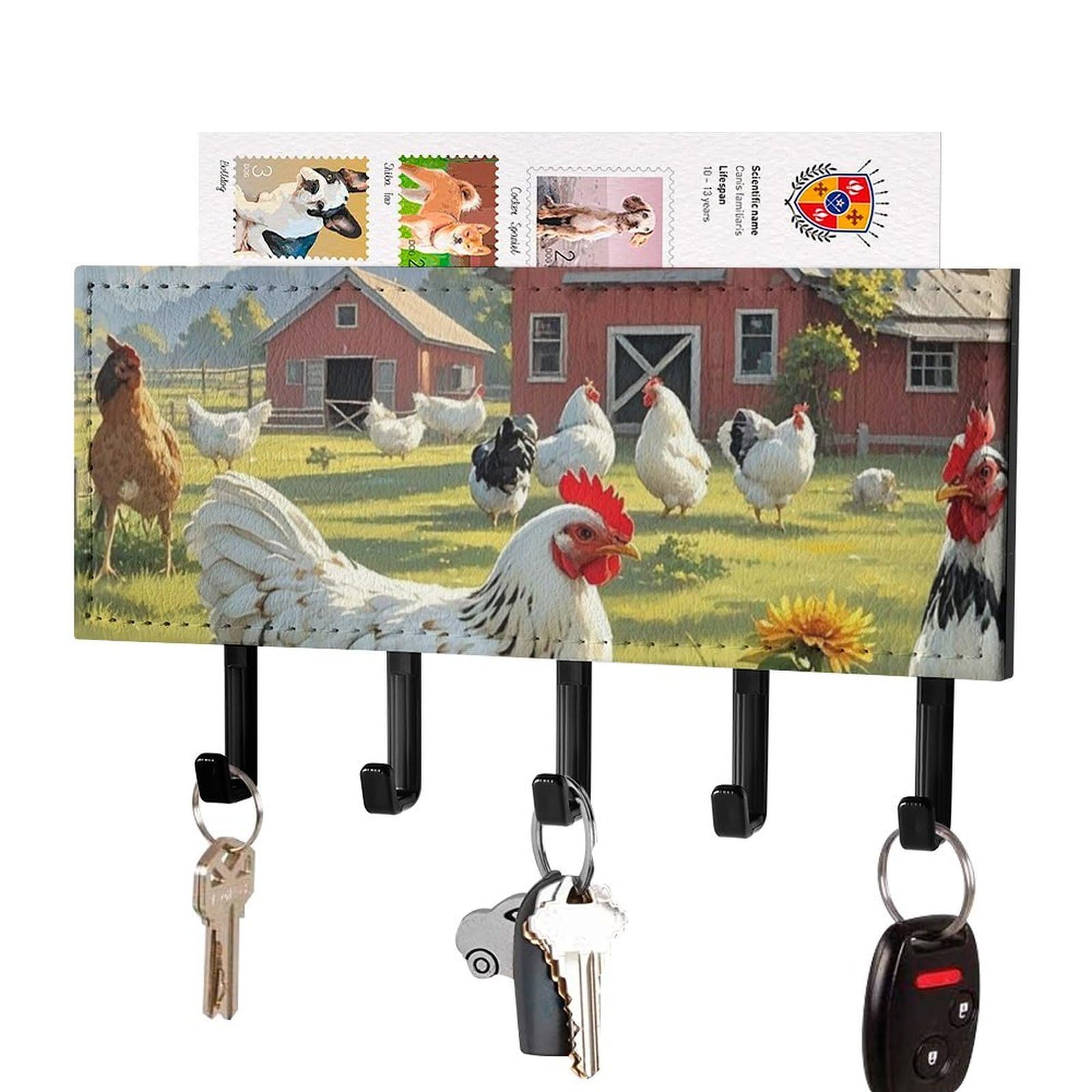 Fekiloot Black-Style Chickens And Farm Key Holder Wall Mount Key Hanger With 5 Hooks Decorative Key Rack Hanging Key Hooks With Mail Organizer Key Holder For Wall Living Room Kitchen Bathroom Hallway Black