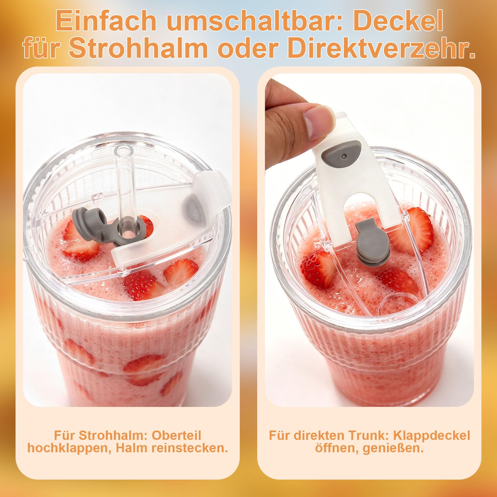 Juego de vasos de cristal de cocina verticales con tapa y pajita, diseño hermético e impermeable, vasos con tapa, ideales para café, batidos, cócteles (4 unidades)