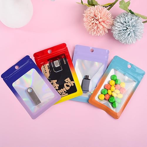 Miniatura 7 de 100 bolsas a prueba de olores, bolsas holográficas de almacenamiento con ventana transparente para el almacenamiento de alimentos (azul-naranja,