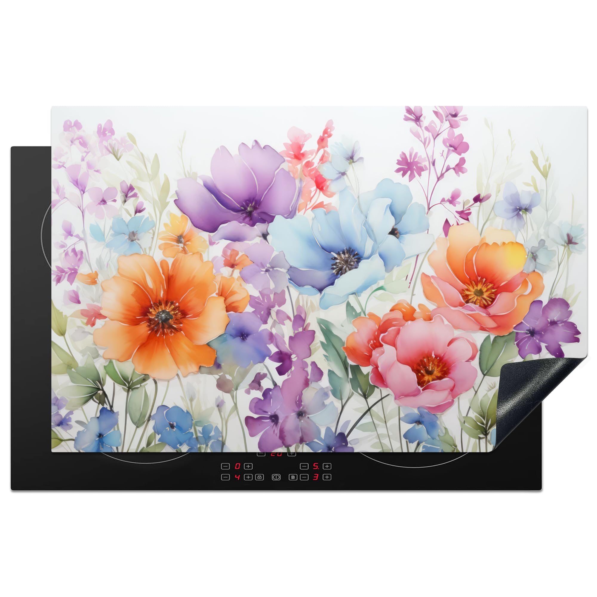 KitchenYeah© Protezione Piano Induzione 80x52 cm Cucina Copri Fornelli Proteggi di Cottura Antiscivolo Tappetino Acquerello - Fiori - Primavera - Natura