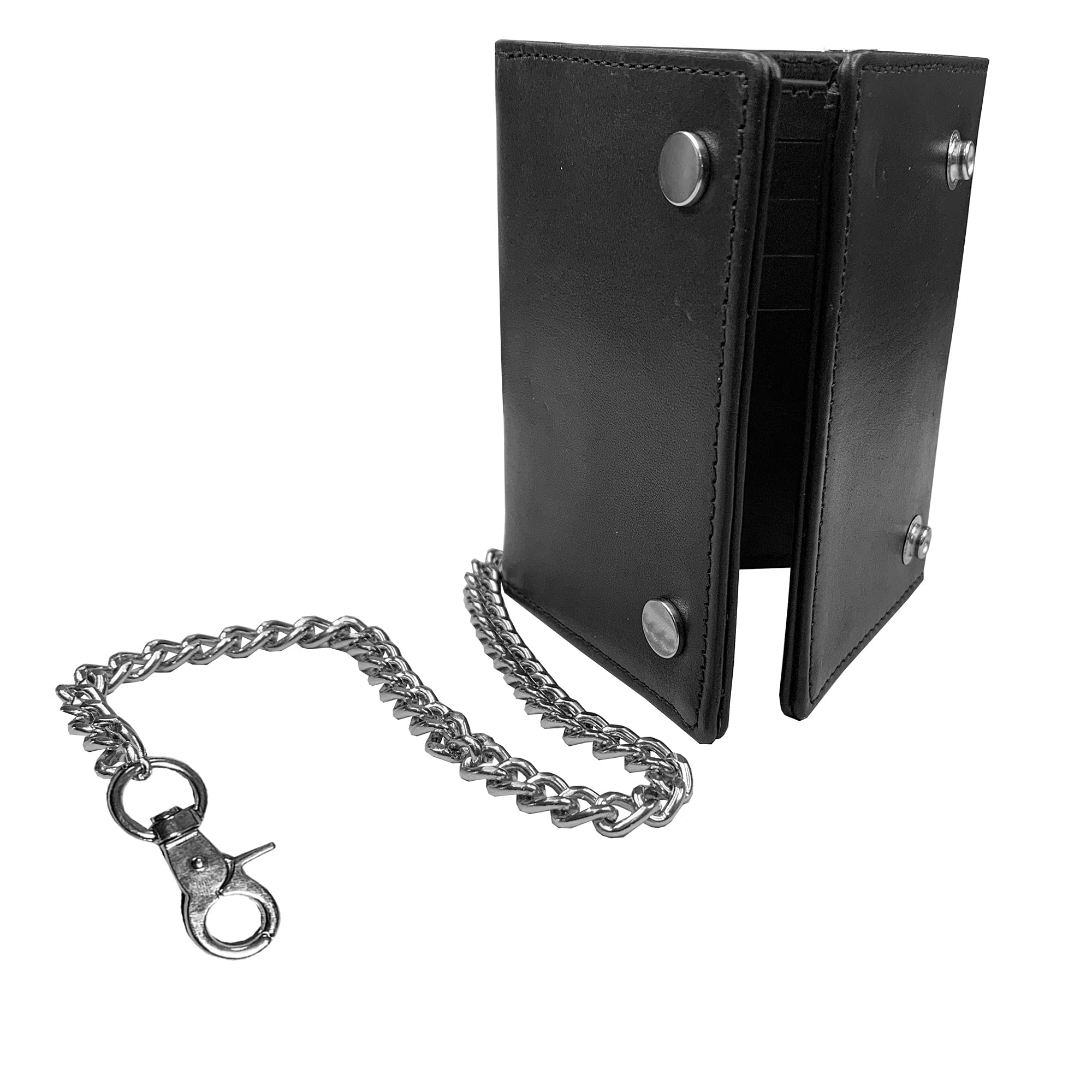 IBROMotorcycle Biker Trifold Chain Wallet for Men - Cowhide Leather, Aniline Black, One Size