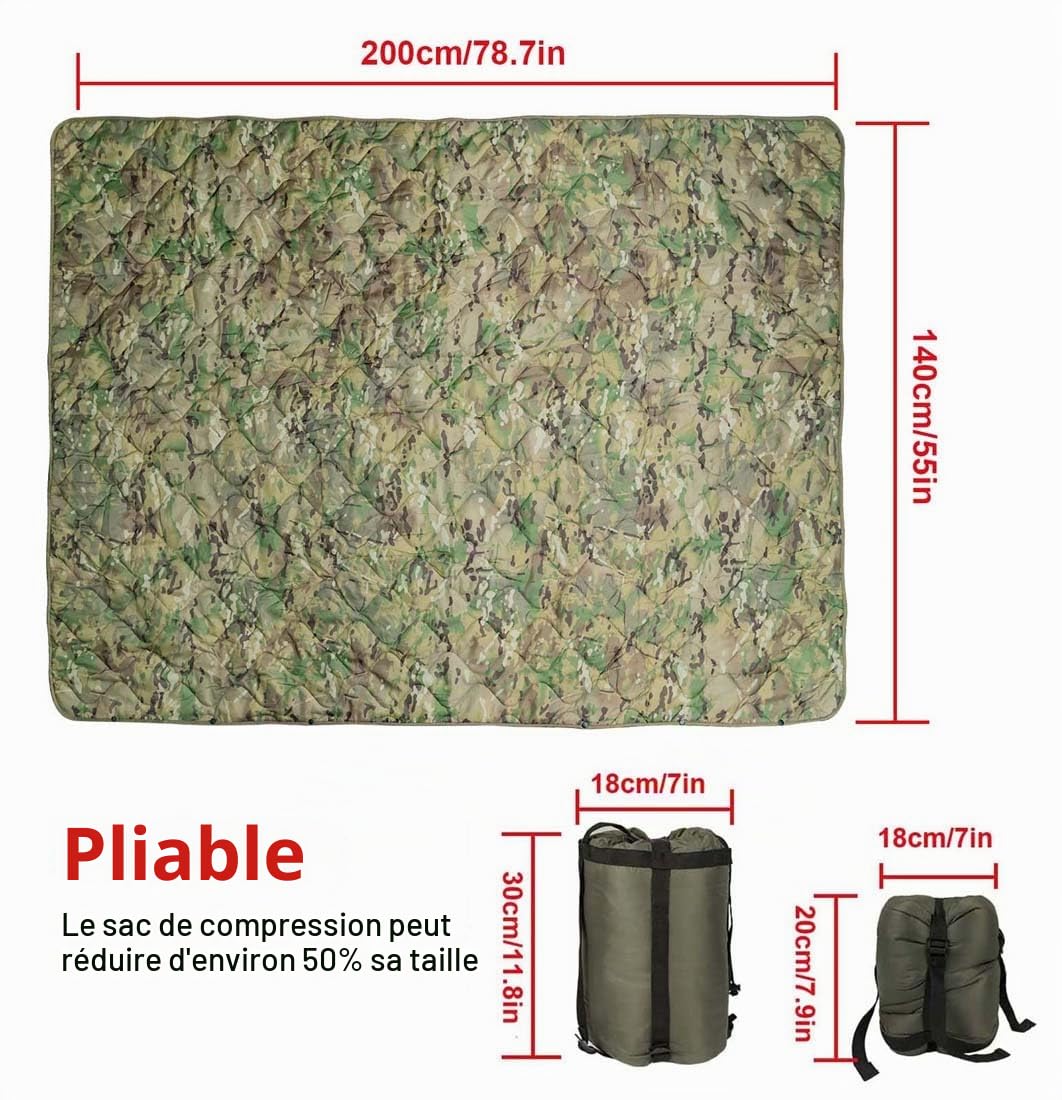 Poncho Liner Camouflage, Couverture imperméable imperméable pour Camping - Isolation Thermique - avec Sac de Transport de Compression - pour randonnée, Survie,CP Camo