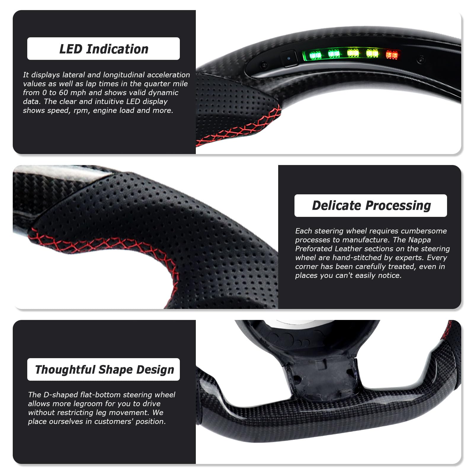 Volante de fibra de carbono, volante en forma de D con fondo plano e indicador de cambio LED, volante de cuero personalizado, asas de cuero perforadas para Audi TT TTRS R8 2007-2015