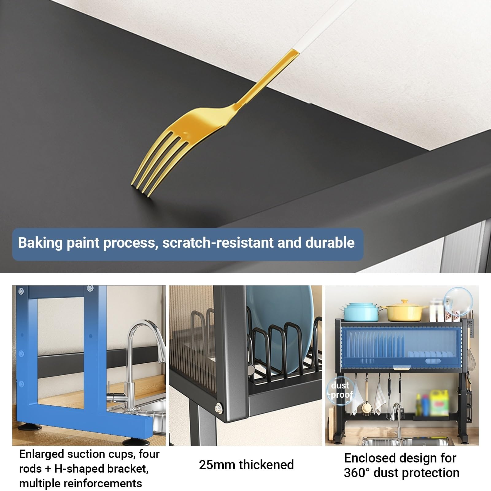 Grand égouttoir à Vaisselle avec Rabat magnétique à Poser sur l'évier, Hauteur réglable, Porte-ustensiles de Cuisine Multifonctionnel, Ensemble de Luxe Gain de Place(Black,85cm/33.4in)