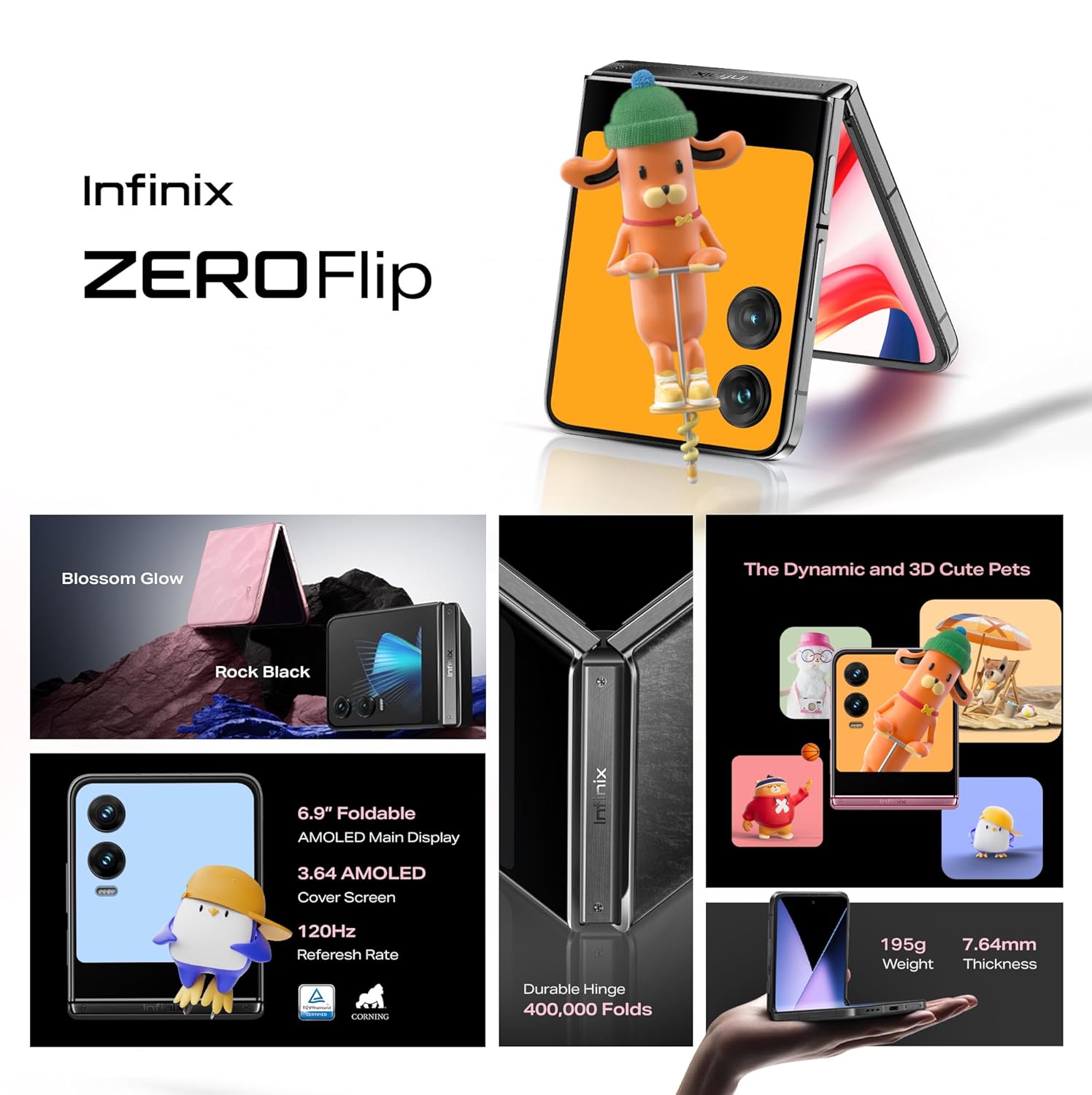 Infinix Zero Flip 5G (Rock Black, 8GB RAM, 512GB Storage) 8GB Virtual RAM, 120HZ Punch Hole Display, MediaTek D8020, Dual JBL Speakers, 4720mAh Battery, 3D Pets 15