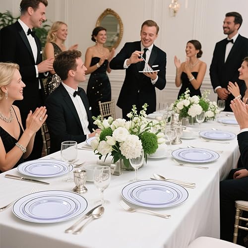 Miniatura 7 de DaYammi 350PCS Silver Plastic Dinnerware Set for 50 Guests, Fancy Disposable Plates for Party, Include: 50 Dinner Plates, 50 Dessert Plates, 50 Pre