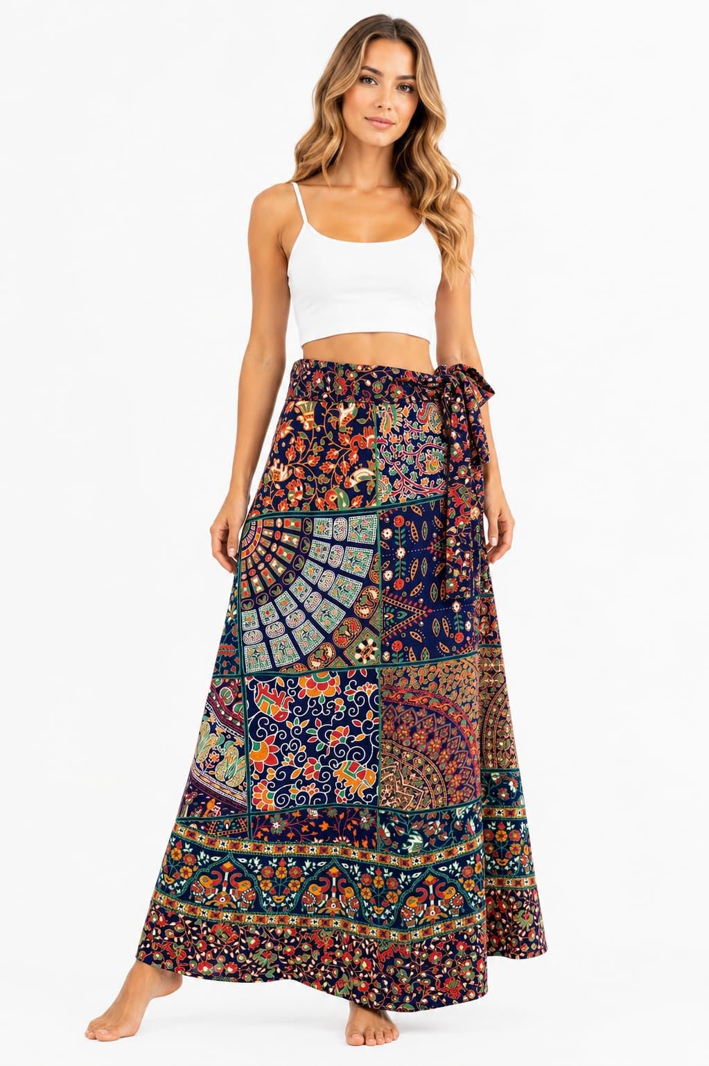 Women’s Jaipuri Cotton Wrap Around Long Skirt | Printed Maxi Skirt | Boho Ethnic Style | Adjustable Tie-Up Waist | Summer Casual Wear Multicolour