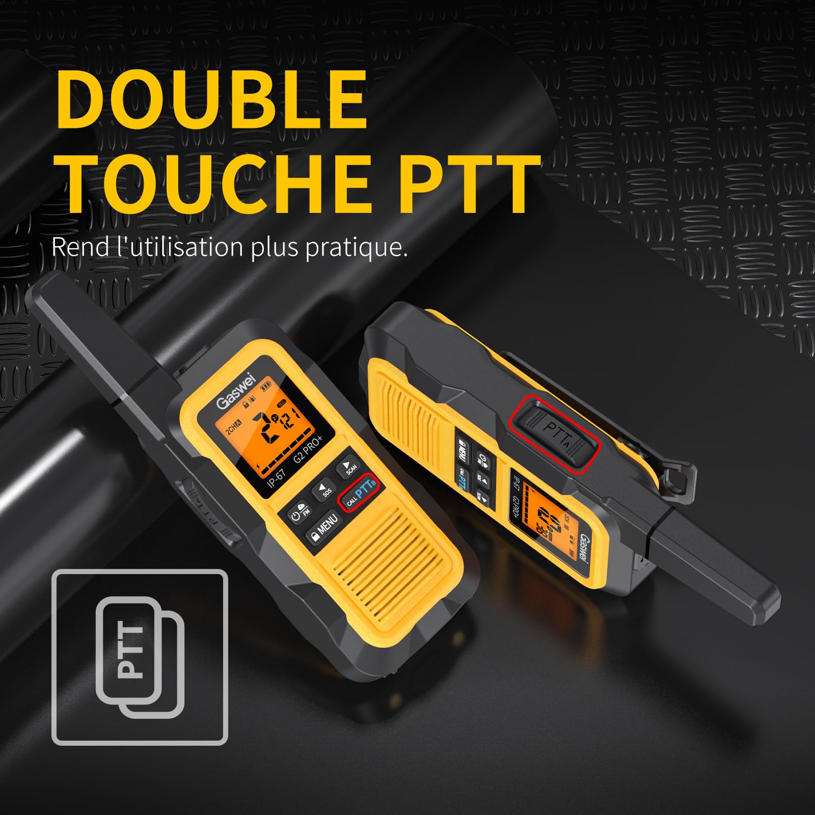 GASWEI G2Pro Talkie walkie Professionnel Étanches IP67 [Lot de 2] -PMR446 Talkie walkie Longue portée,Double PTT,VOX,Fonction SOS & Alerte,Radio FM,USB Chargeur et 1800 mAh Batterie (Gelb)
