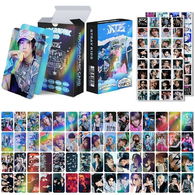 124pcs Stray-Kids Laser Photocards Set,Stray-Kids HOP Giant ATE Album Laser Photocard Lomo Card(60pcs Photocards+64pcs Stickers-Blue)