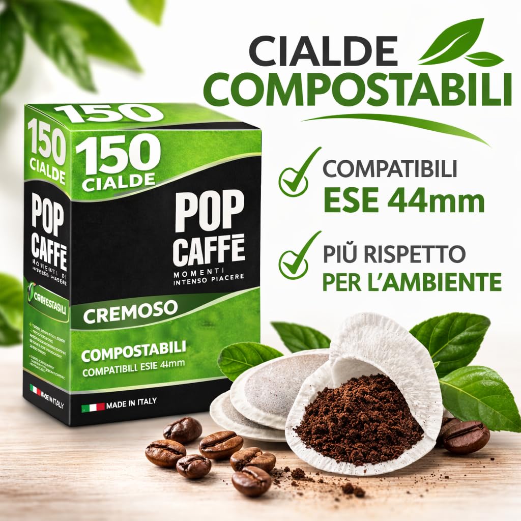 POP Caffè Cialde ESE 44 Compostabili – 150 Cialde Caffè Miscela Rossa Cremosa, Espresso Intenso, Compatibili con Macchine ESE 44mm