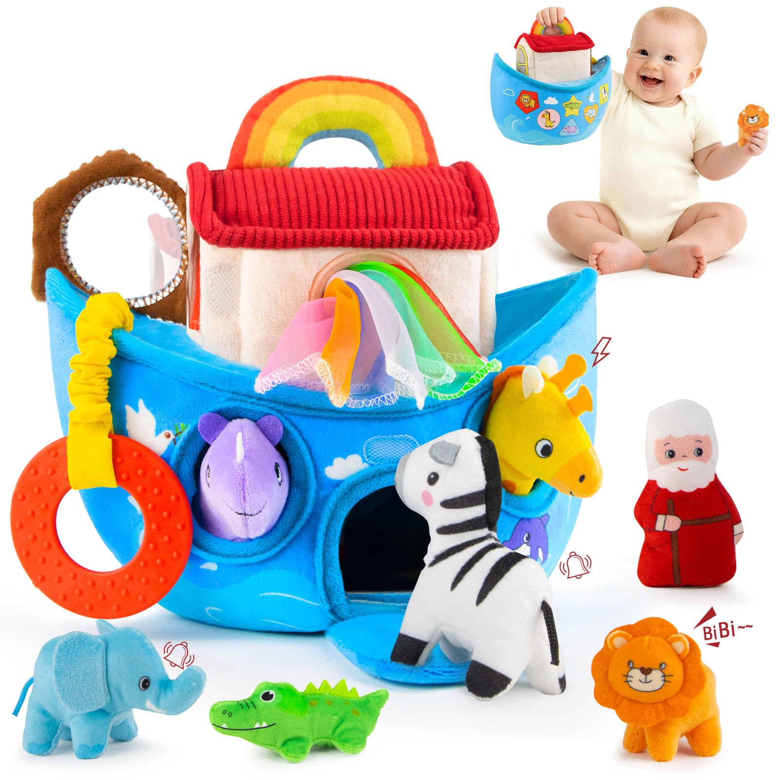 Baby Spielzeug 6-12 Monate– Plüsch Arche Noah mit Stofftiere, Taufgeschenke für Mädchen Jungen, Geschenk Taufe, Montessori Sensorikspielzeuge 1 Jahr Weihnachts- und Geburtstagsgeschenke
