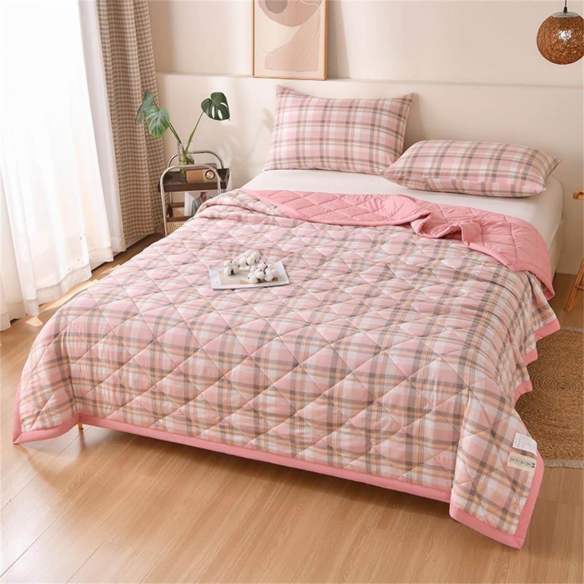 VUIKLCty Retro Checked Quilted, Reversible, Soft And Lightweight Bedspread (duvet Only)(Pink,180x200cm)