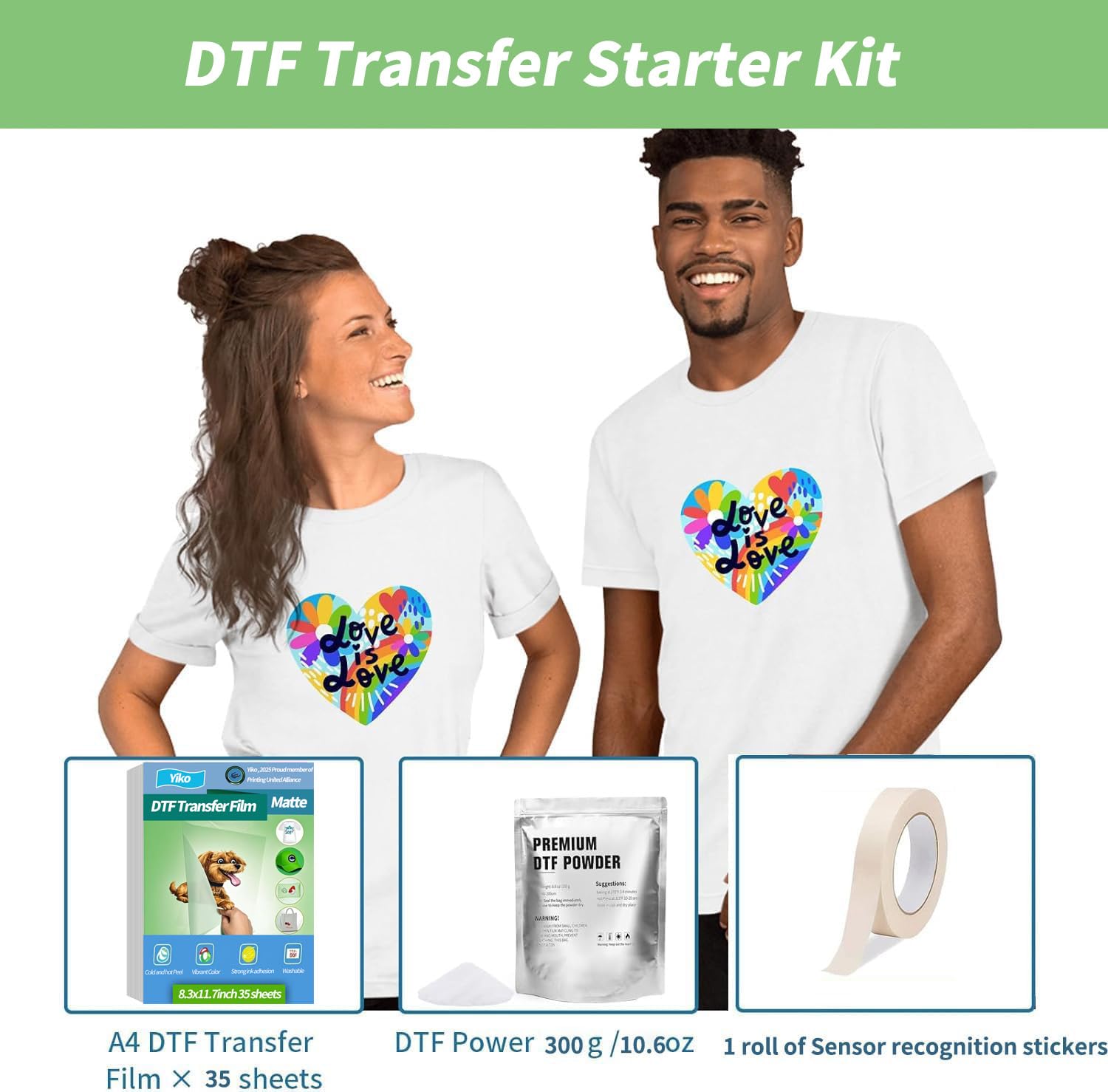 Yiko DTF folia transferowa zestaw papierowy, 35 arkuszy A4, Premium DTF zestaw folii transferowej - 300 g, biały cyfrowy proszek DTF do bezpośredniego druku na koszulkach