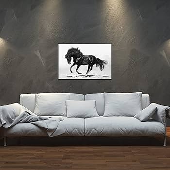 Amazon.co.jp: ArtKissMore 黒と白の馬 アート 絵 壁装飾 - 走る
