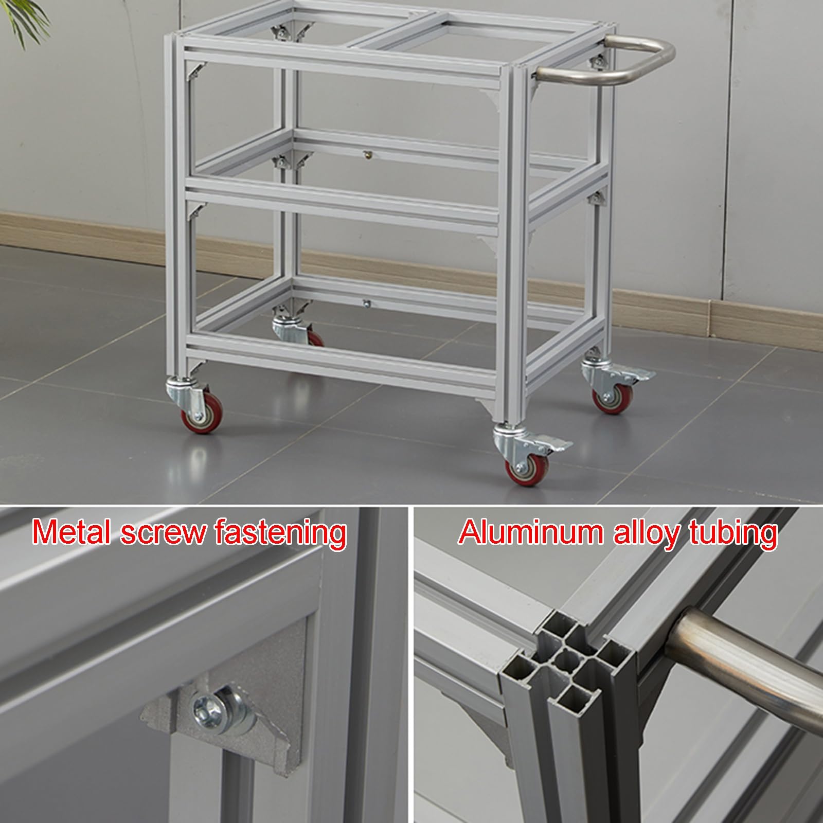 Banco de Trabajo Móvil con Ruedas Y Superficie de Acero Inoxidable Carro de para Taller con Estructura de Aluminio Mesa de Embalaje para Almacén con Asa