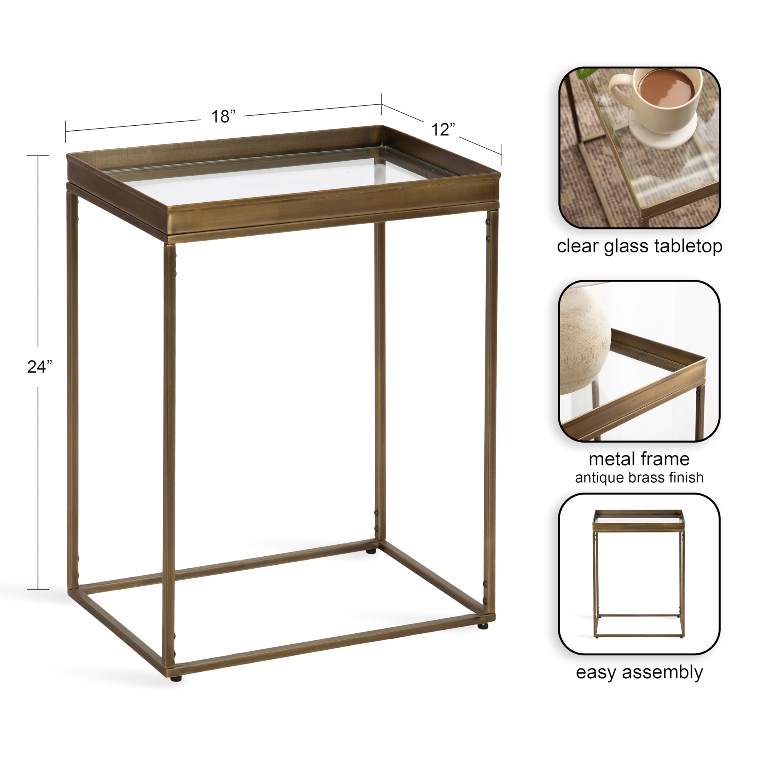 Kate and Laurel Lonsdale Transitional Glass Narrow End Table; 18 x 12 x 24; Clear Glass and Antique Brass; Decorative Contemporary Metal Side Table for Bedroom Nightstand or Living Room Accent
