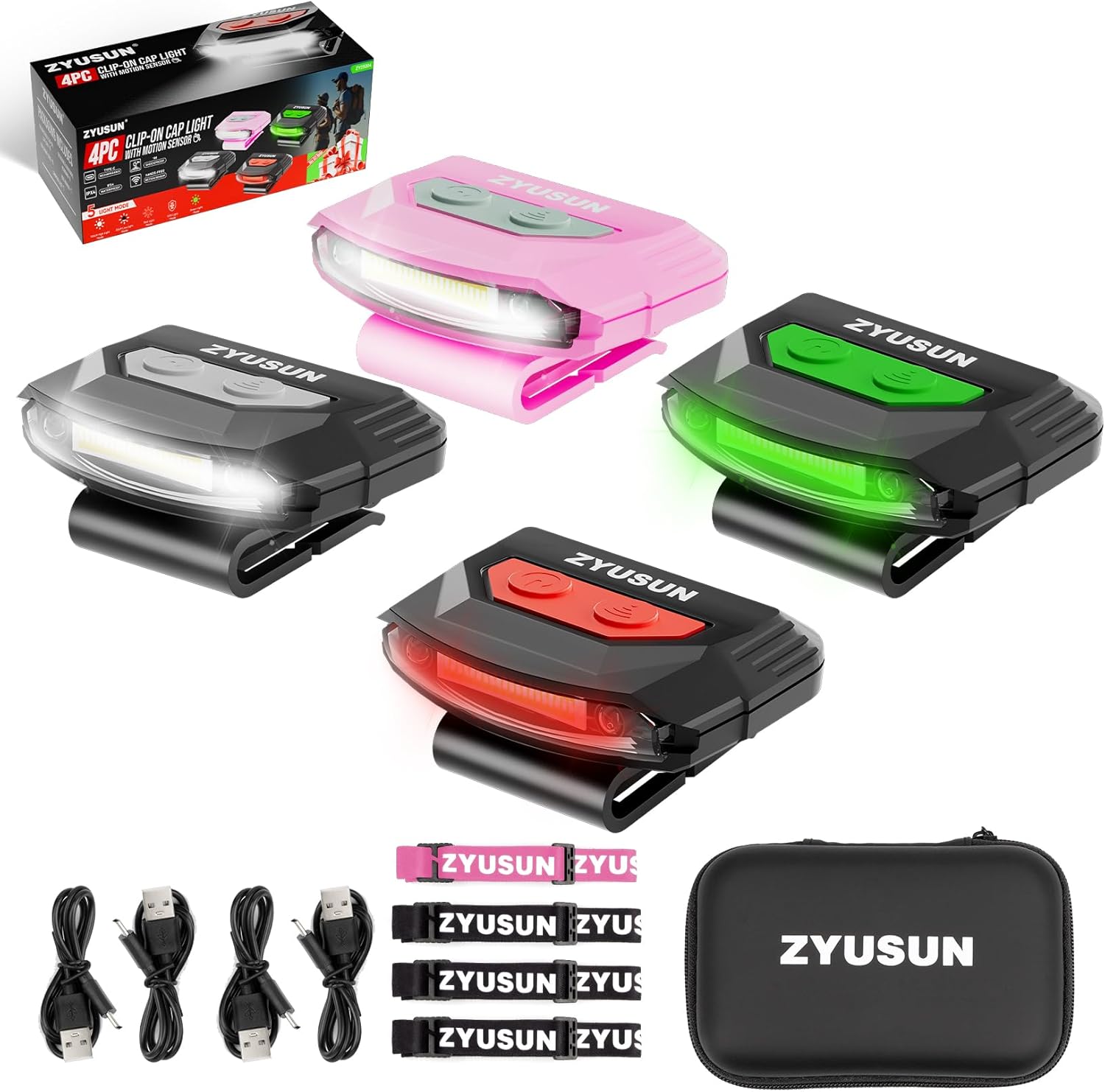 4-Pack Rechargeable Cap Light,Portable headlamps,Clip on Hat with Motion Sensor,Lightweight IPX4 Waterproof,Night Vision LED Lights for Hunting Fishing Camping Hiking Cycling