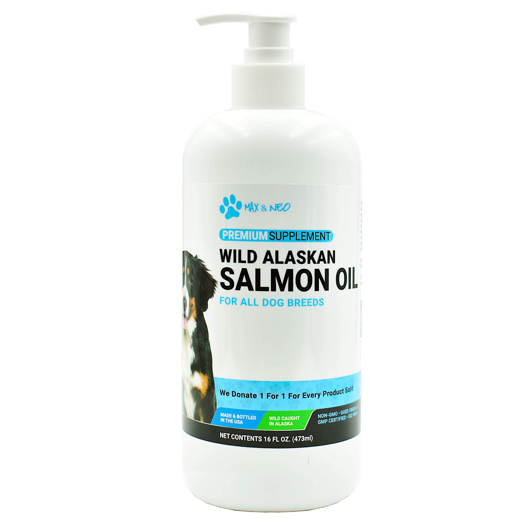 Max and Neo 100% Pure Wild Caught Alaskan Salmon Oil for Dogs and Cats - We Donate One for One to Dog Rescues for Every Bottle Sold (32 OZ)