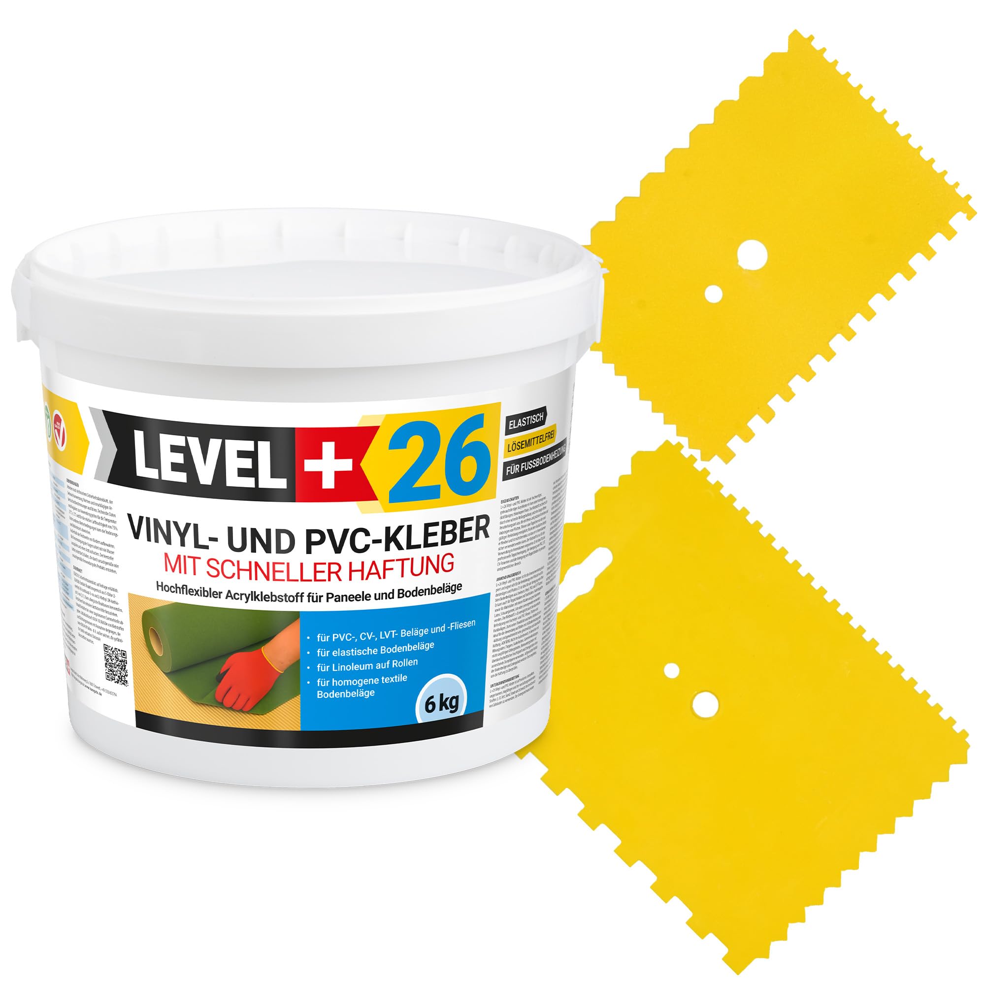 26 Vinylkleber PVC LVT CV Paneele Teppich 6kg Vinyl Fliesen Bodenbeläge Flex Klebstoff Bodenkleber Lösemittelfrei Schnelle Haftung + 2 St. Zahnspachtel Set