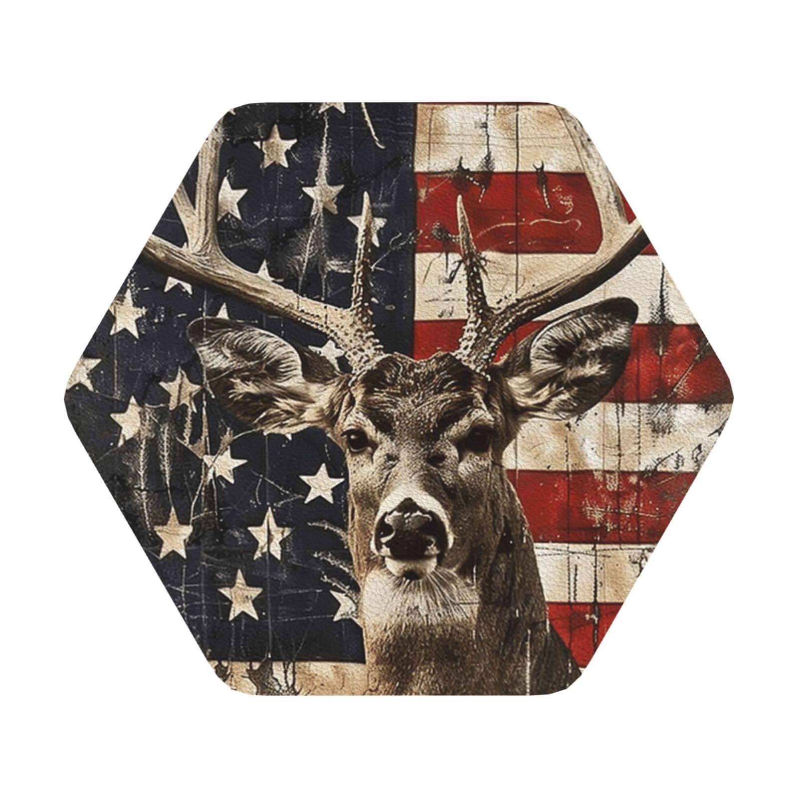 Americana Flag Deer Print Leather Coaster Set of 6, Hexagon Coasters Table Decorative Coffee Cup Beverage Coasters Wine Beer Bar Coasters for Hot Drinks Table Protection