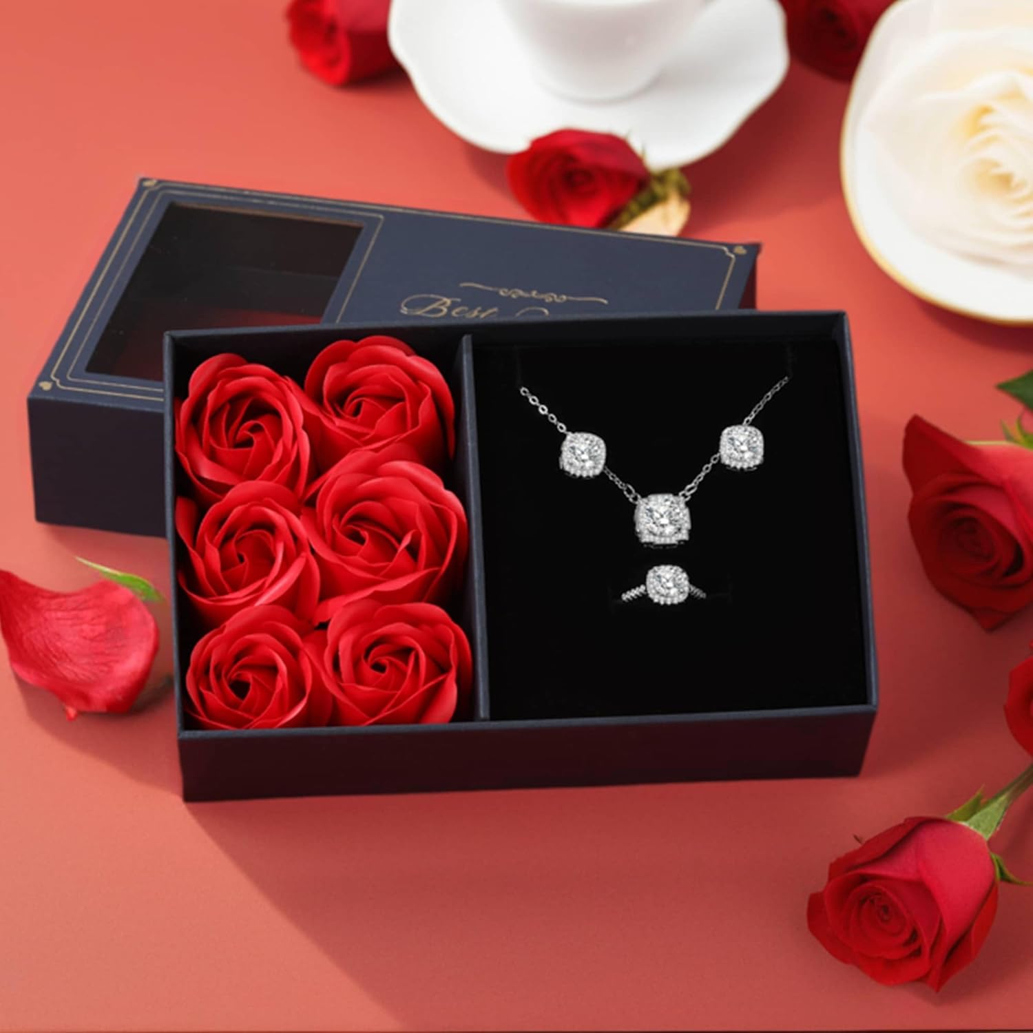 Mother's Day Gifts,4 Pieces Jewelry Set Gifts for Women,Perserved Rose with Necklace Earrings Ring Sets,Birthday Gifts for Wife Mom Girfriend On Valentine's Day Mother's Day Anniversary - Image 3