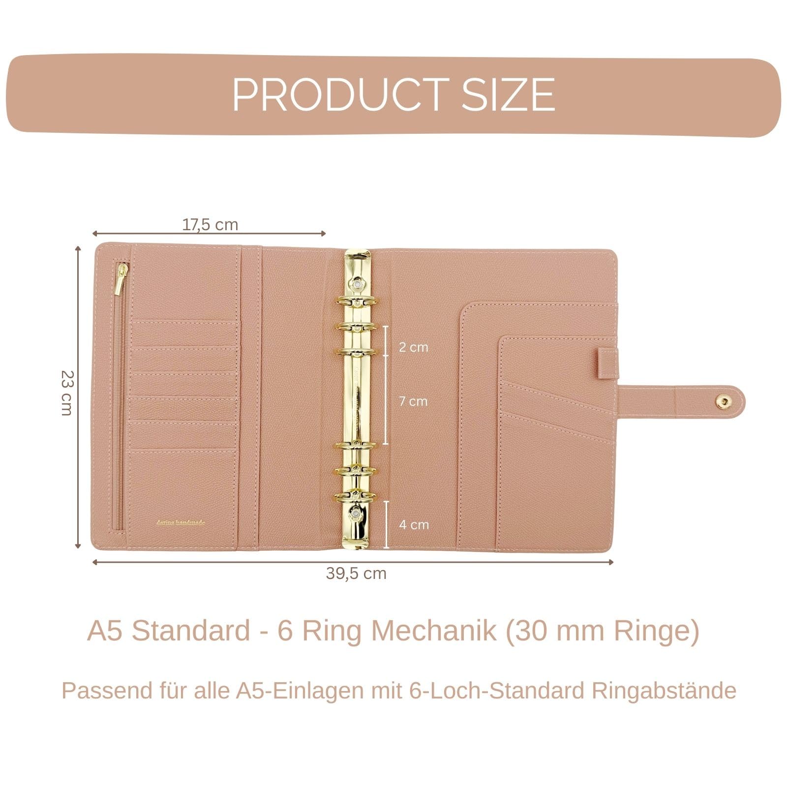 B-WARE A5 Binder mit goldenen Ringen - 6-Ring-Mechanik (30 mm) - aus PU-Leder - Geschenk für Frauen (Altrosa)