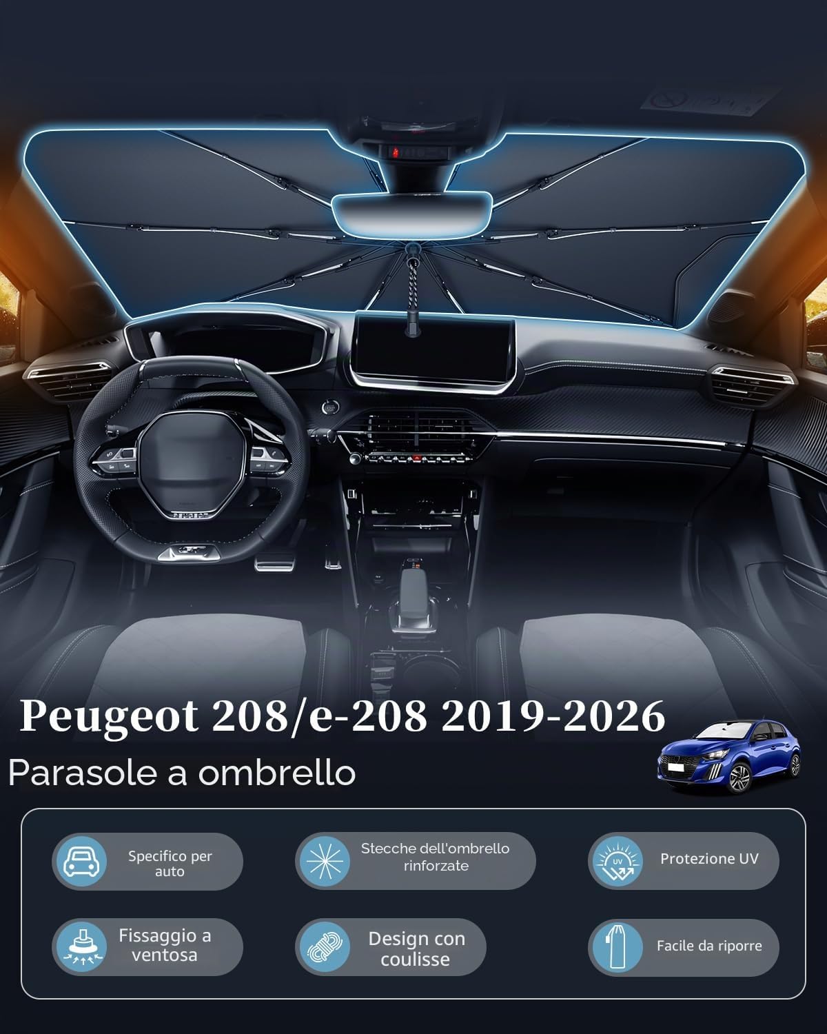 SKTU Parasole Parabrezza per Peugeot 208/e-208 2019-2025 2026 Cordino Design Pieghevole Parasole Protezione UV Protezione per Peugeot 208 Accessori Scheletro in fibra di carbonio