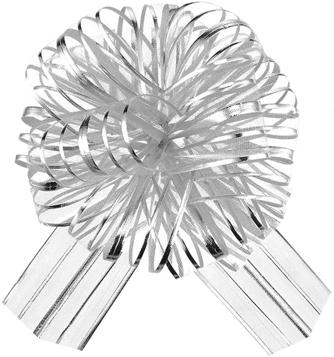 APSAMBR®- 12 Pieces Pull Bow Large Organza Pull Bow Gift Wrapping Pull Bow with Ribbon for Wedding Gift Baskets, 6 Inches Diameter (Silver)