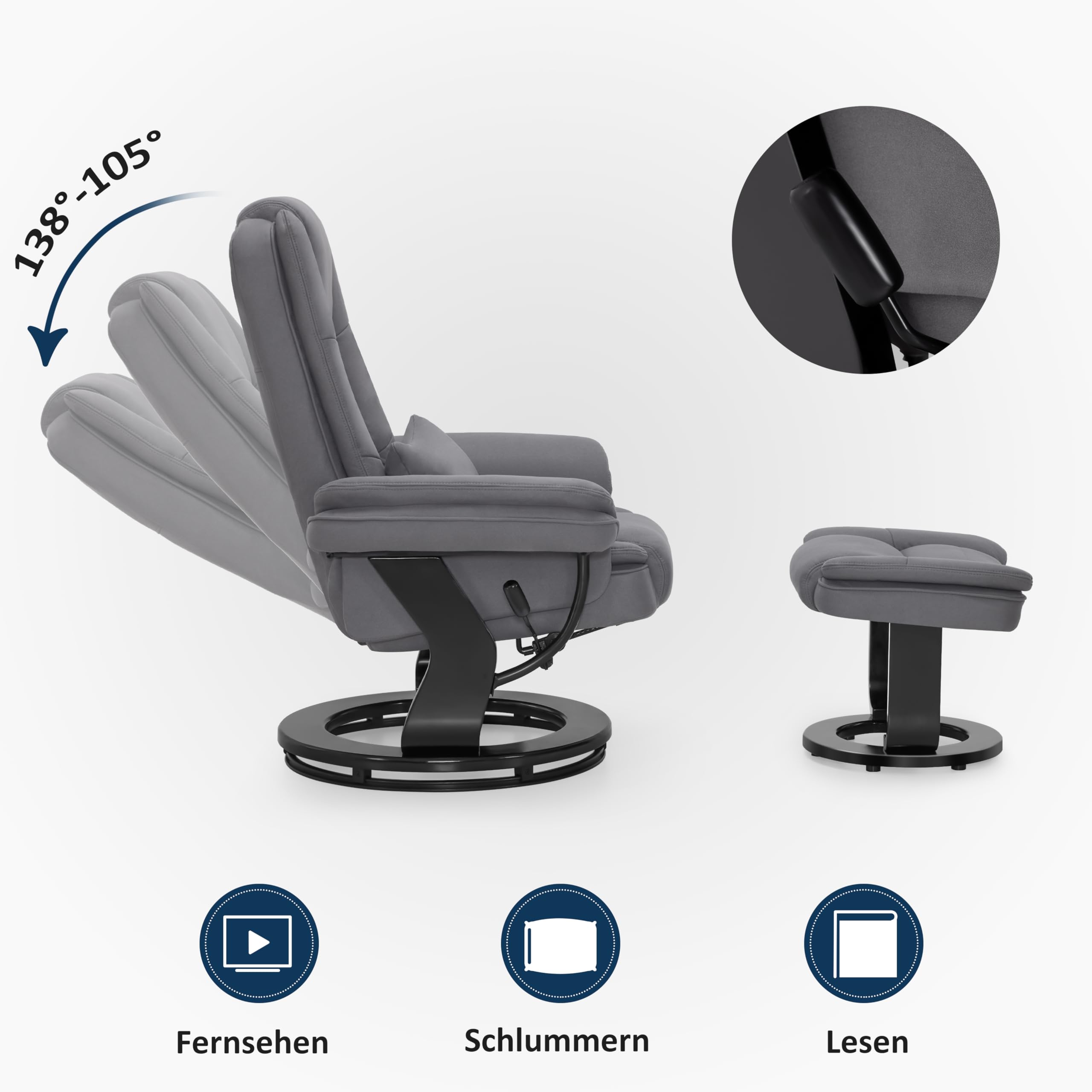 M MCombo Relaxsessel mit Liegefunktion, Lesesessel, 360° Drehbarer Fernsehsessel, mit Hocker, mit Kissen & Seitentasche, bis 120 Kg Belastbarer TV-Sessel für Wohnzimmer, 9099 (Mikrofaser, Grau)