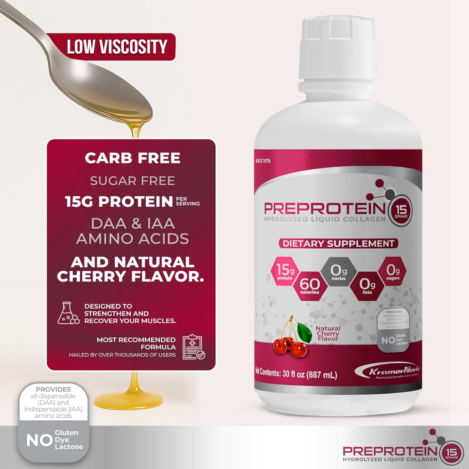 PreProtein 15 Liquid Hydrolyzed Collagen Peptides – Sugar Free Cherry Flavor Drink – 15g Protein Amino Acid Supplement for Bariatric Recovery, Joint Support & Wound Care – 30oz