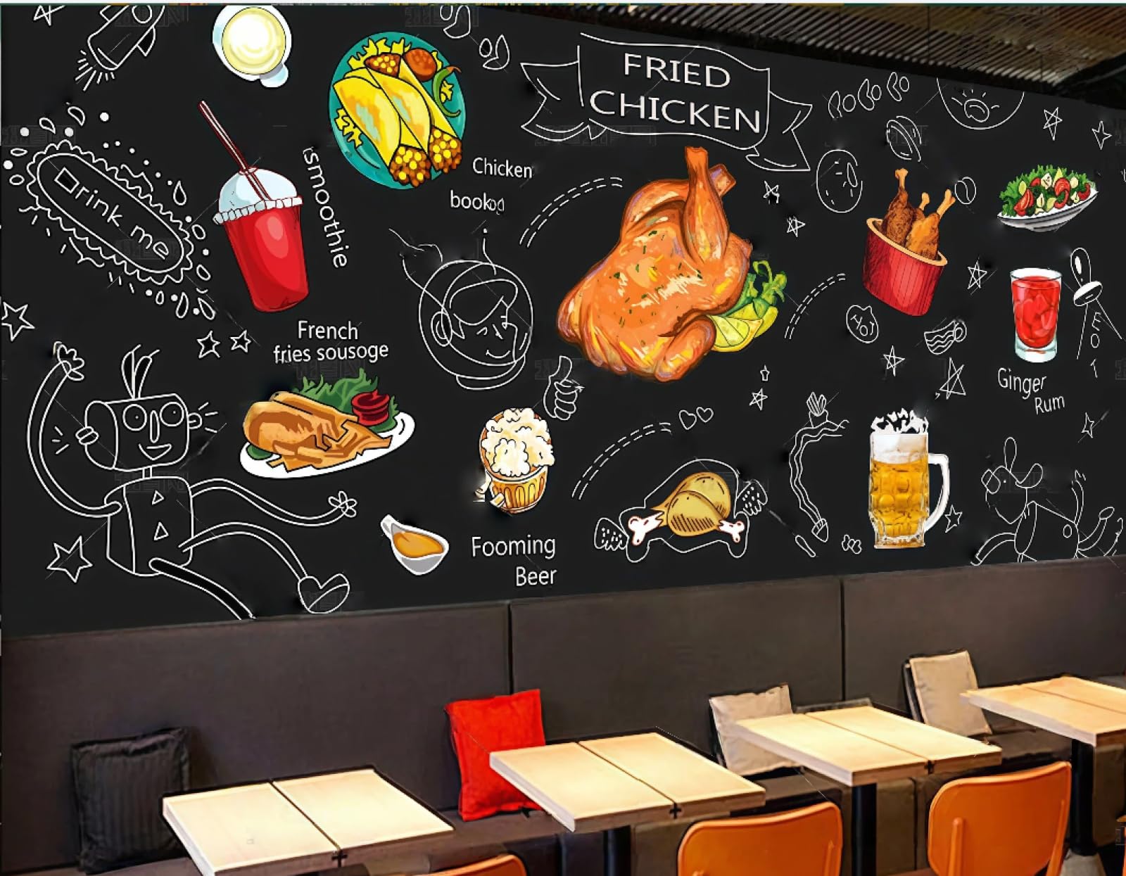 XDOUBAO Wallpaper Blackboard Hand-Painted Graffiti Snacks Fried Chicken Shop Drinks Afternoon Tea Western Restaurant Background Wallpaper Coffee Shop Mural,3D,150x105cm