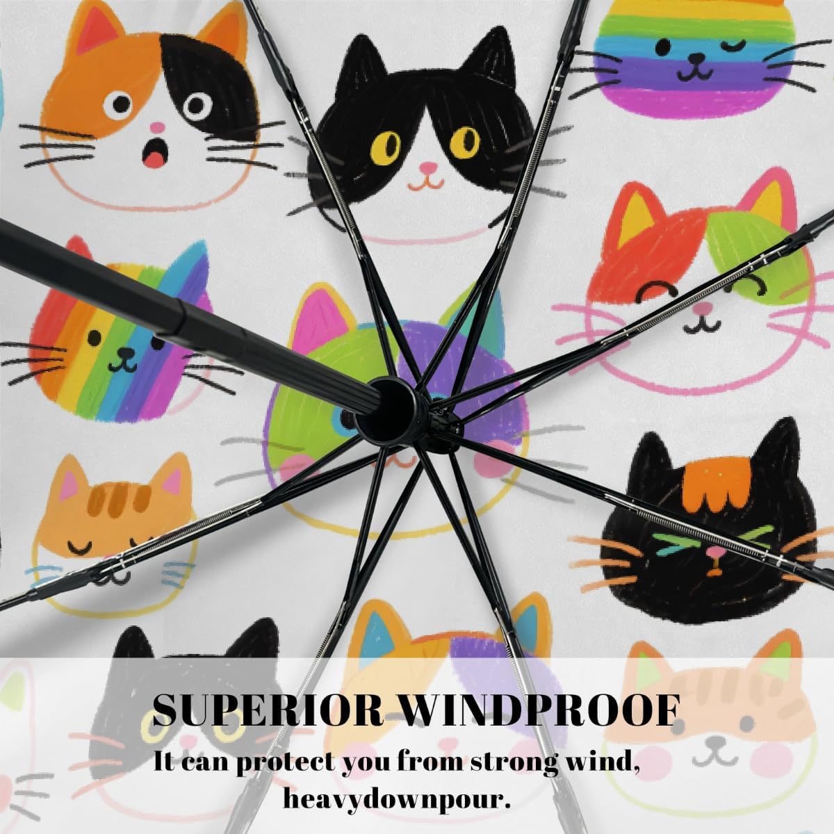 Colorful Hand Drawn Cat Folding Umbrella Windproof Compact Lightweight Travel Umbrella with 8 Reinforced Ribs, Portable UV Sun & Rain Protection for Men & Women