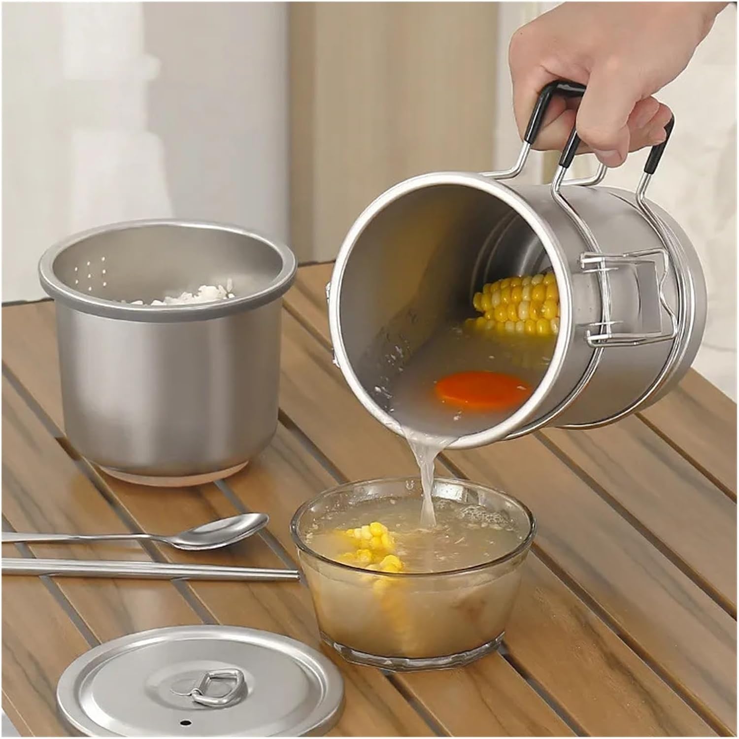Compatible for Outdoor Camping Cooking Ware Pot Set Hiking Picnic Multi-Purpose Portable Rice Cooker 304 Stainless Steel Utensils Hanging