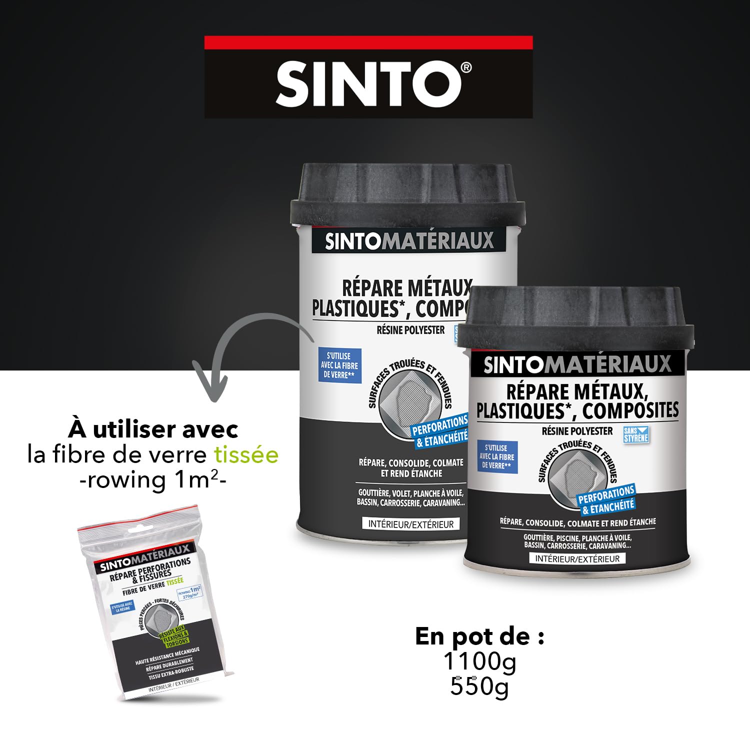 SINTO Résine polyester répare métaux plastiques et composites 1kg, consolide colmate et imperméabilise, gouttières volets carrosserie et stratifiés, caravanes et bateaux, intérieur et extérieur