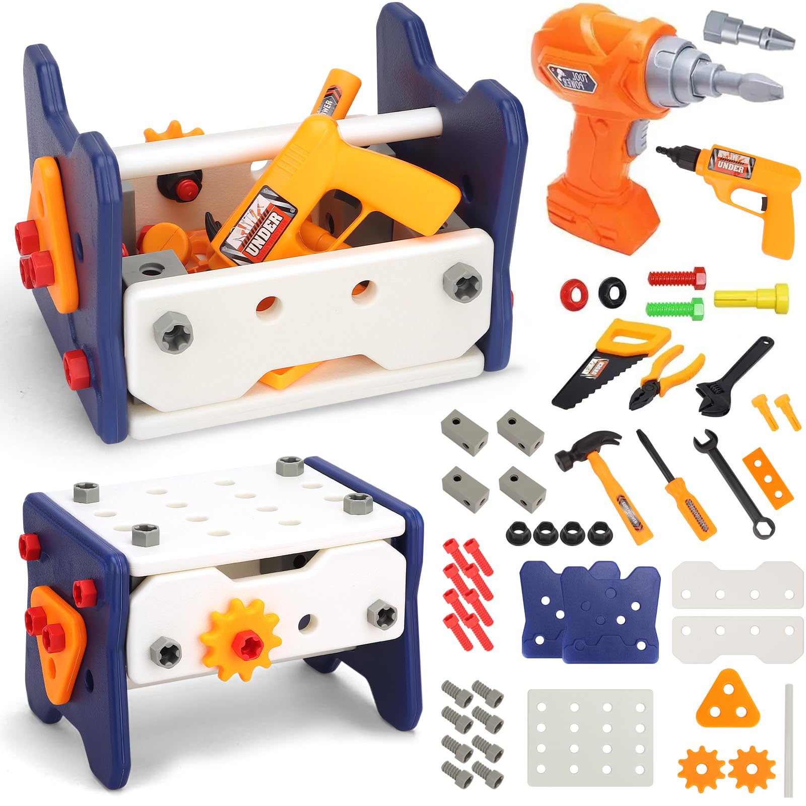 Kids Tool Set, 58 PCS Tool Kit w/ Electric Drill, STEM Montessori Educational Toys for 3+ Year Old, Toddler Take Apart Construction Real Toys for 3 4 5 6, Birthday Christmas Day Gifts for Boy Girl
