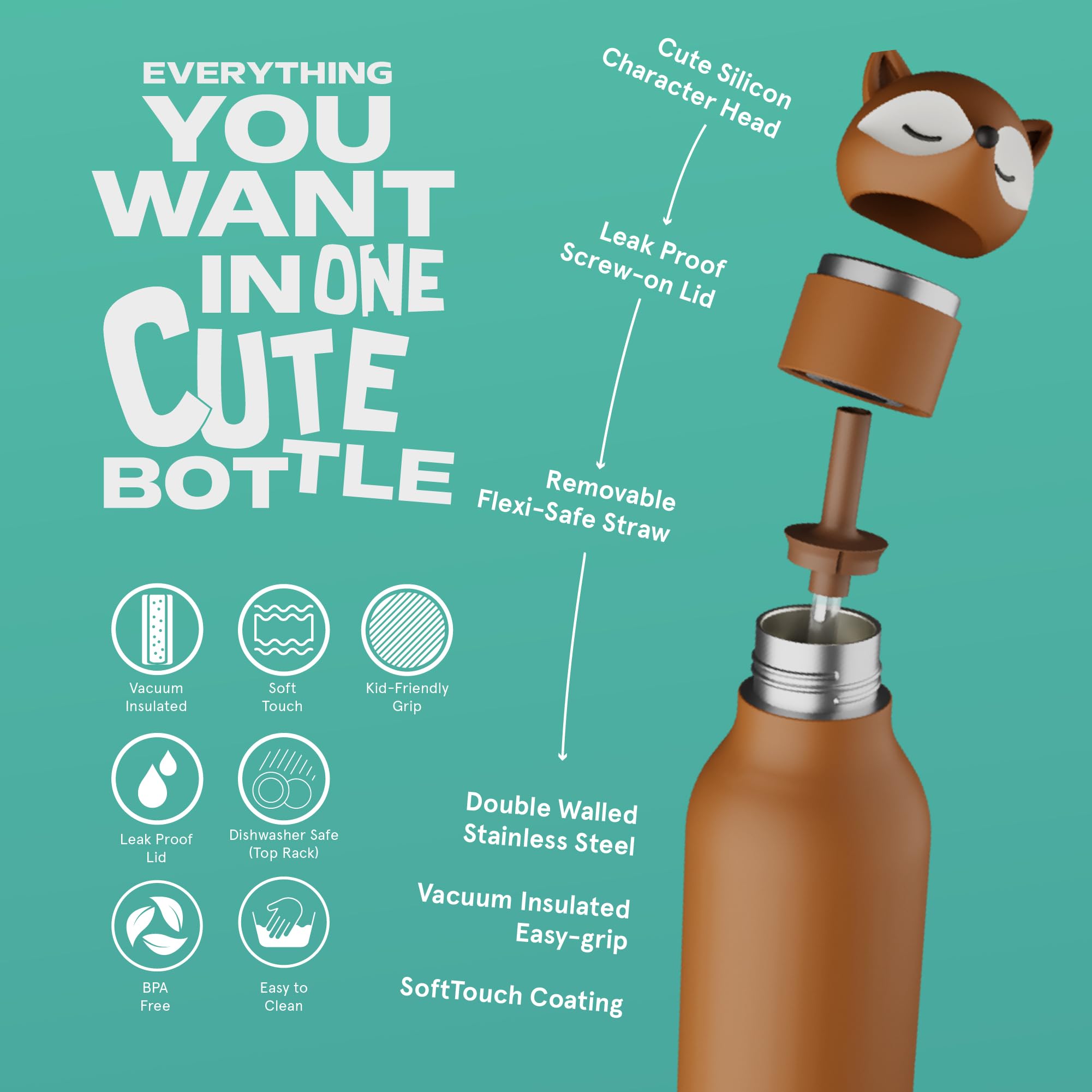 asobu Bestie Fox Gourde étanche pour enfants avec paille en acier inoxydable isotherme 500 ml