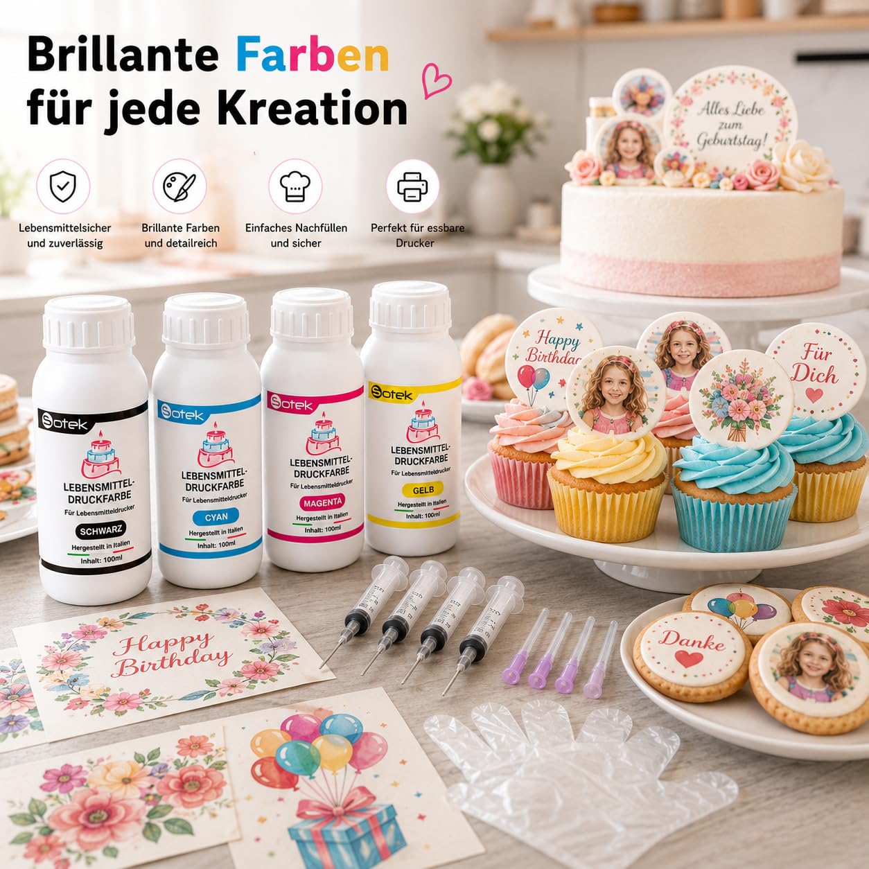 Sotek Lebensmitteltinte Essbare Drucker Tinte 4 Farben Set 100ml pro Flasche für alle Nachfüllbare Drucker