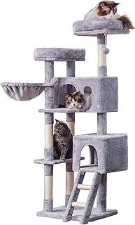 Heybly Cat Tree, Cat Tower for Indoor Cats ,Multi-Level Cat Furniture Condo for Large Cats with 2 Padded Plush Perch, Cozy Basket and Scratching Posts HCT023W, Light Gray (999HCT023W)