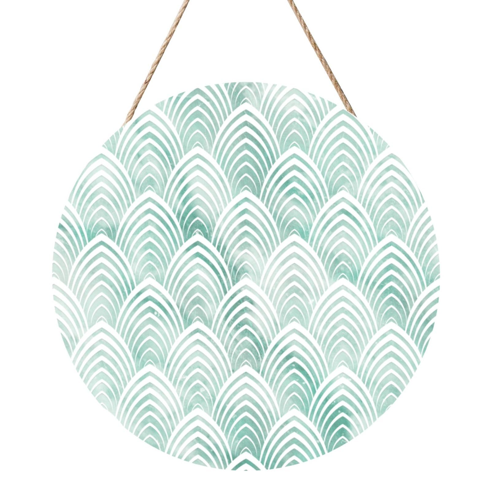 InOmak Scales Aqua Mint White Geometry Marble, Round Wood Panel Painting 12 in, Wall Hanging Painting For Home