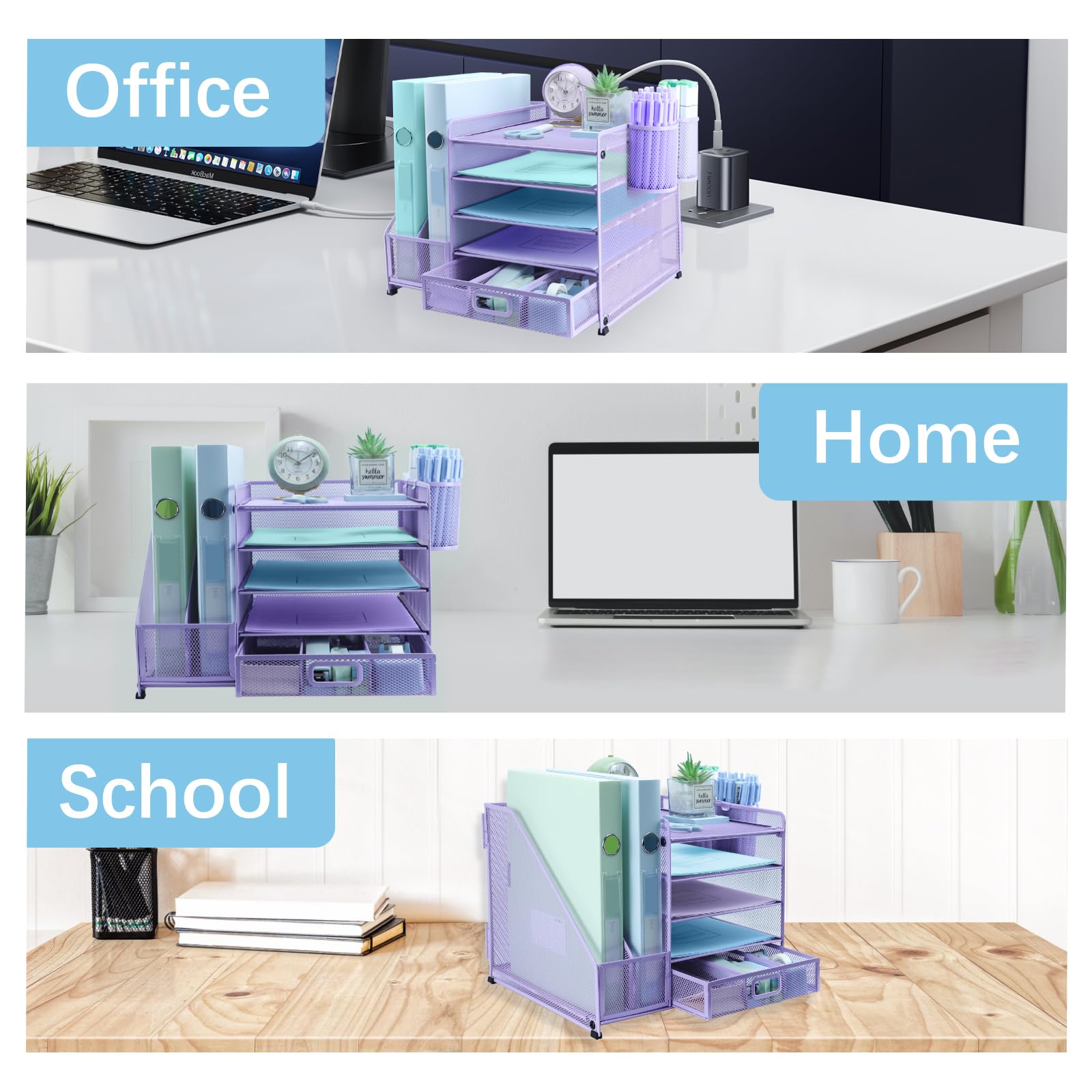 Organizer da scrivania con 2 portariviste, vassoio organizer a 5 ripiani con cassetto e 2 portapenne, vassoio per lettere, multifunzione, per ufficio, scuola, casa, viola