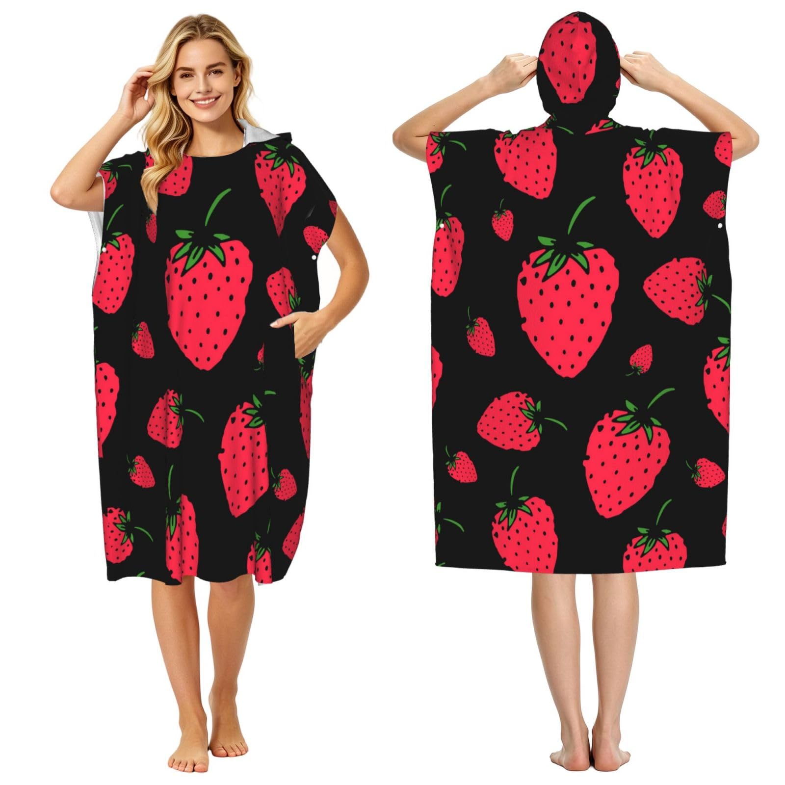 Poadnly Strawberry Strawberry, Adult Hooded Beach Towel 90 x 110 cm,Changing Bath Robe, Surf Poncho Towel For Women Men