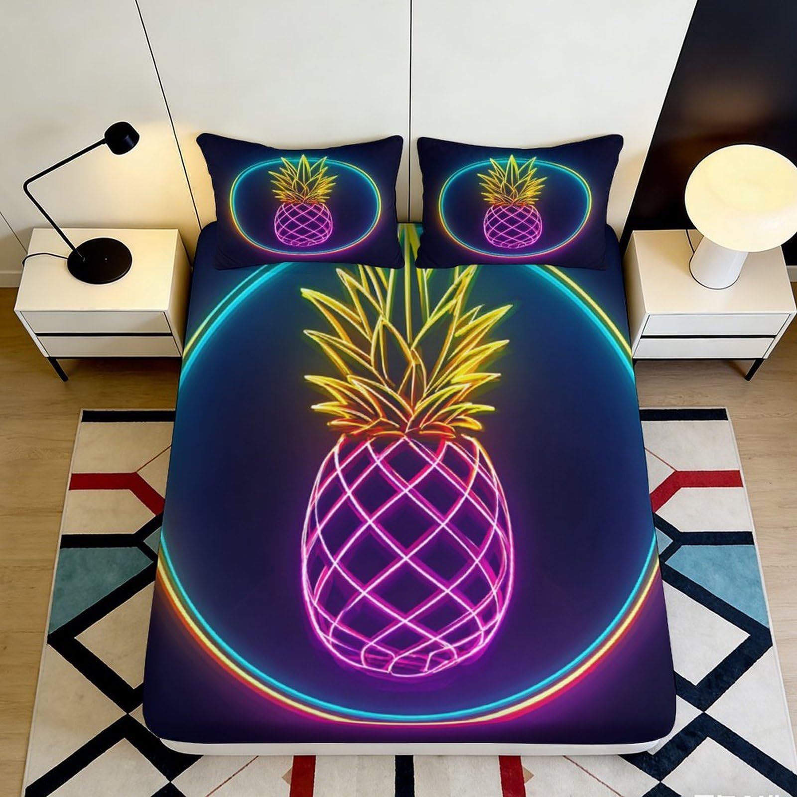 3D Printed Neon Pineapple Fitted Sheet Microfiber Deep Pocket Bedding Set, Glow Pineapple Mattress Fitted Cover Non-Slip for Home 140x200x25cm