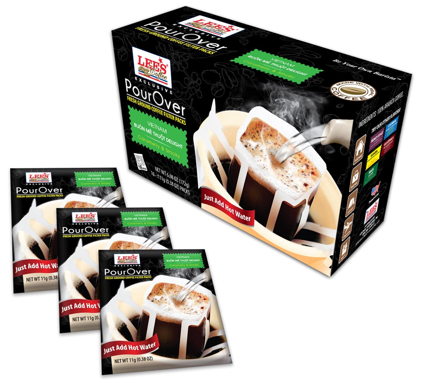 1 Pack - Lee's Coffee Pourover Fresh Ground Vietnam Buon Thuot Delight Filter Packs - 16 Bags per Box