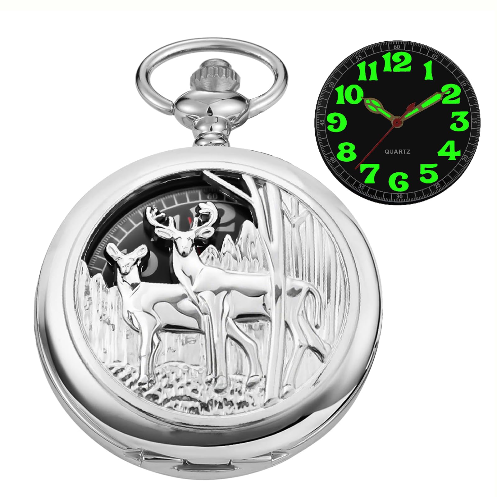 Reloj de bolsillo para hombre con doble ciervo plata y esfera negra Deer-03 8