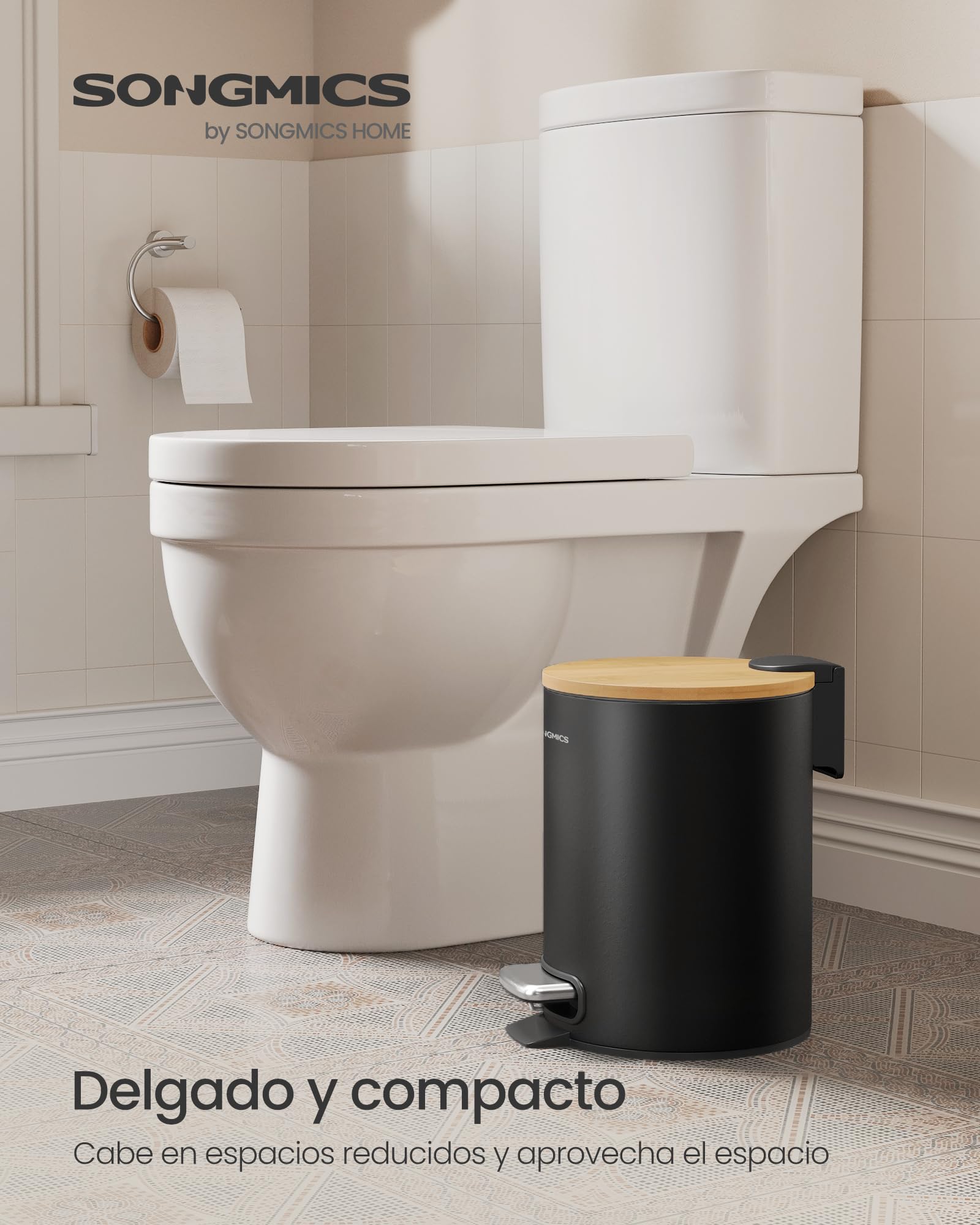 SONGMICS Papelera Pequeña, Cubo de Basura con Tapa de Bambú, Pedal de Metal, Cubo Interior Extraíble, Cierre Suave, para Baño, 3 L, Negro Tinta LTB113BZ01
