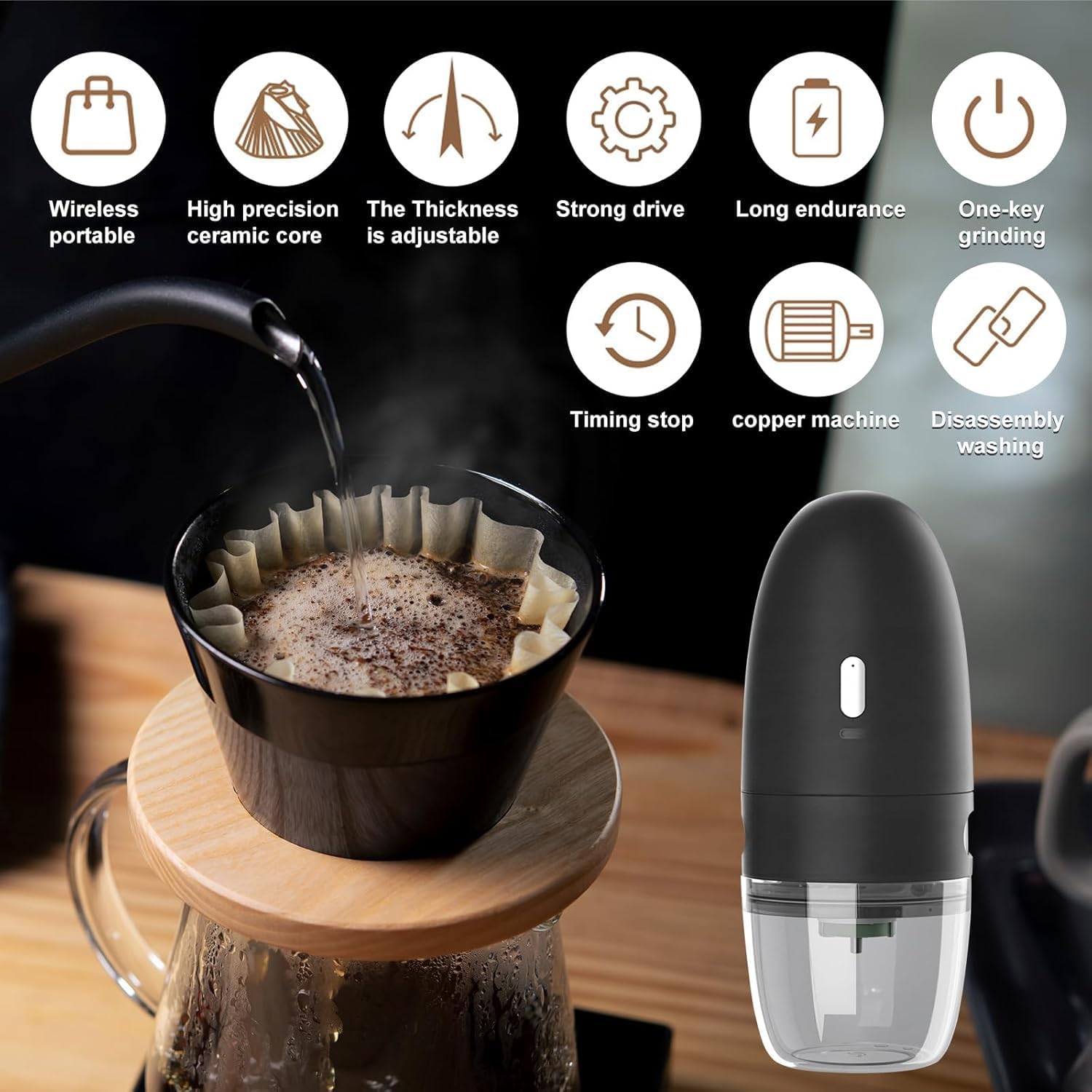 Portable Electric Coffee Grinder? Upgraded Adjustable Fine to Coarse Settings, Stainless Steel Conical Burr Rechargeable and Faster Grinding for Office,Home,Camping,Travel,Black