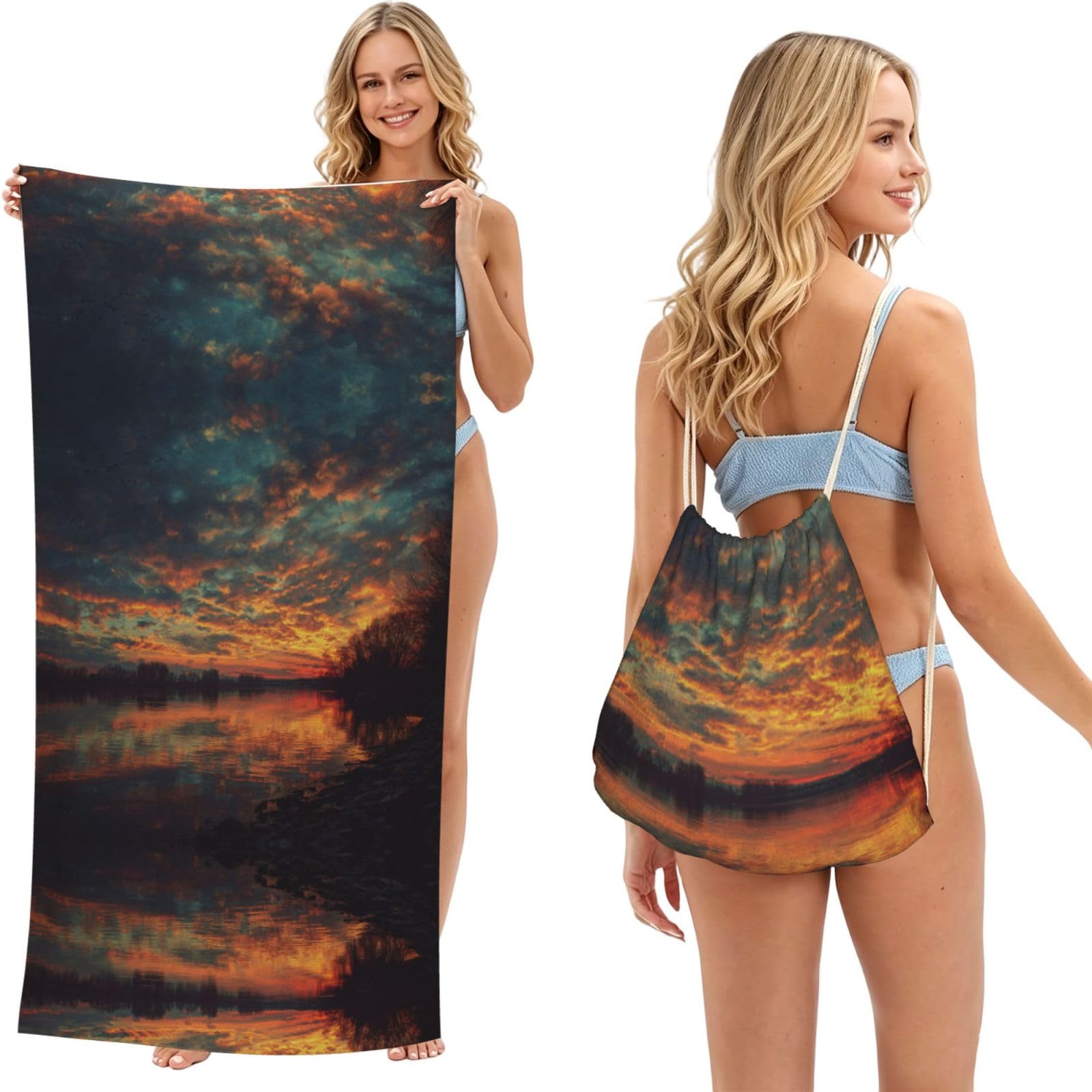 ESNAIUVCD River And The Great Sky Print Beach Towel For Adults,Towel With Drawstring Bag, Travel Pool Swimming Sports Shower Sand Free Quick Dry Bath Towel For Pool, Beach, Yoga- 180x60cm