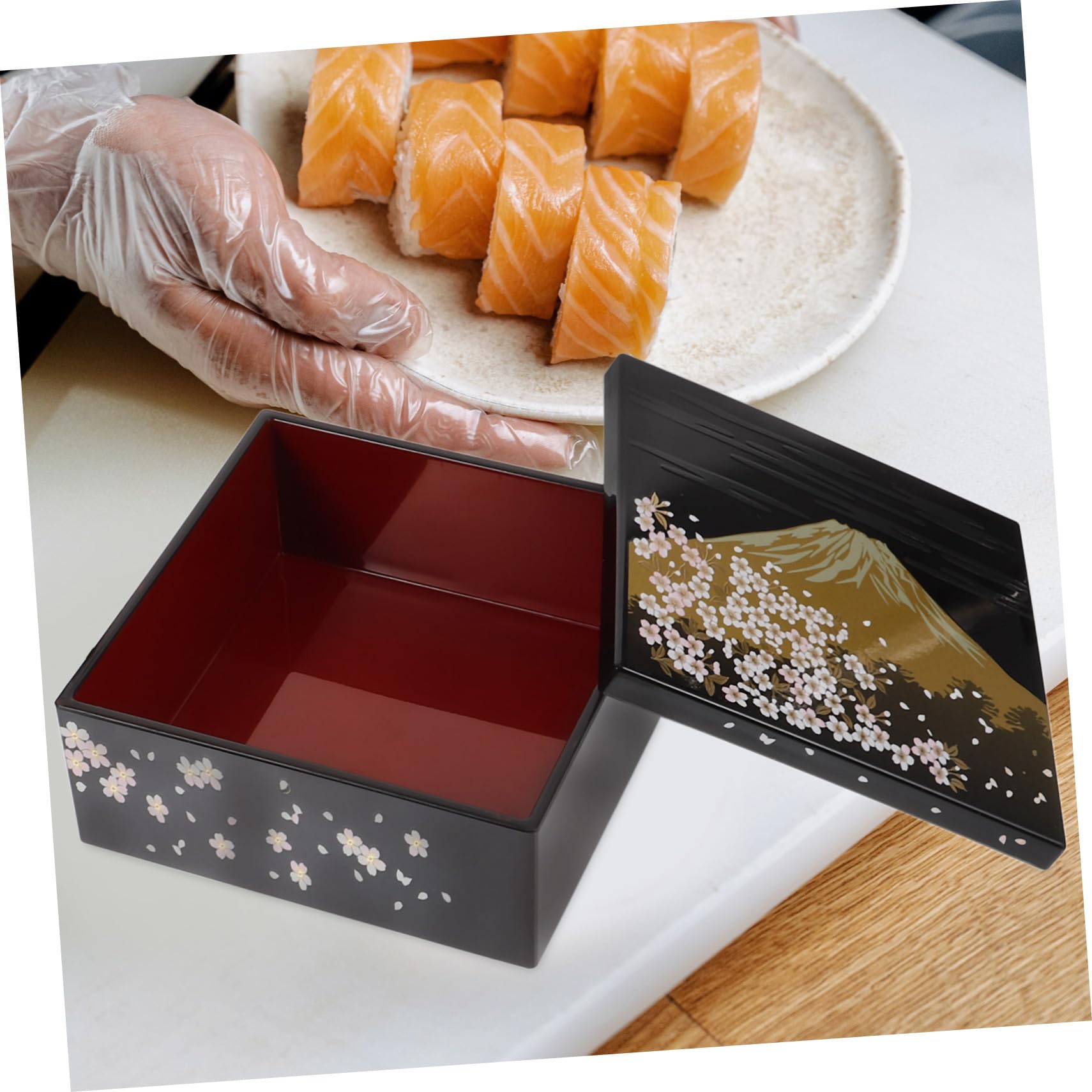 Boîte à Bento Japonaise Traditionnelle 3 Niveaux, Boîte à Sushi en Plastique Noir, Motif Mont Fuji, pour Repas en Famille